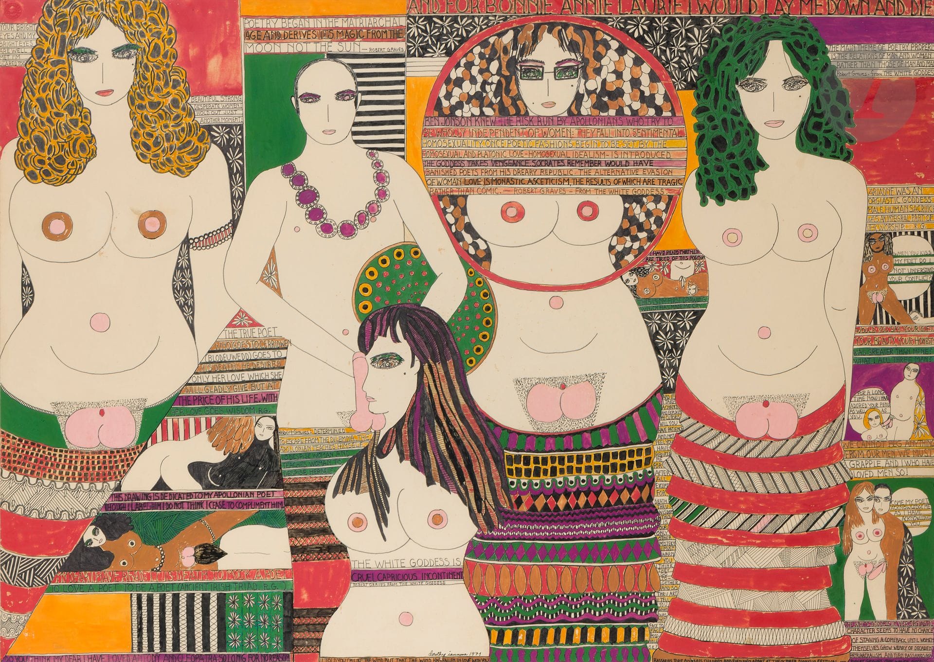 Dorothy IANNONE [américaine] (1933-2022)
The White Goddess is cruel capricious incontinent, 1971
Technique mixte sur carton.
Signée et datée en pied.
72,5 x 102 cm

Provenance : 
Vente Grisebach, Berlin, 30 novembre 2018, n°817.

Exposition : 
Dorothy Iannone : toujours de l’audace !, Centre Pompidou, Paris, 25 septembre 2019 - 6 janvier 2020, catalogue, reproduit p. 16.