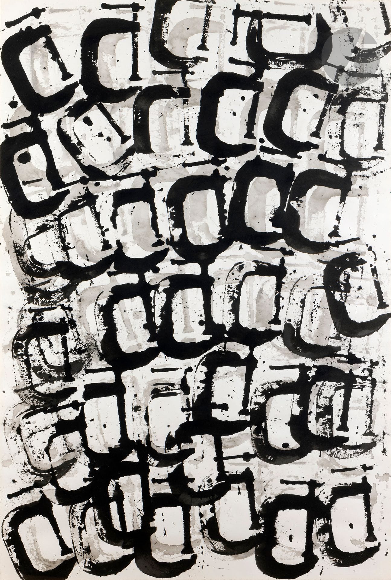 Armand FERNANDEZ dit ARMAN (1928-2005)
Viroles, 1977
Encre de Chine sur papier fort.
Signée en bas à droite.
121 x 80 cm

Provenance :
- Collection particulière, acquis directement auprès de l’artiste en 1977.
- Vente Artcurial, Paris, 30 octobre 2006, n°510.
- Collection particulière, Paris. Acquis lors de cette dernière.

Exposition : 
Arman, Arbeiten auf Papier, Galerie Jöllenbeck, Cologne, 1978.