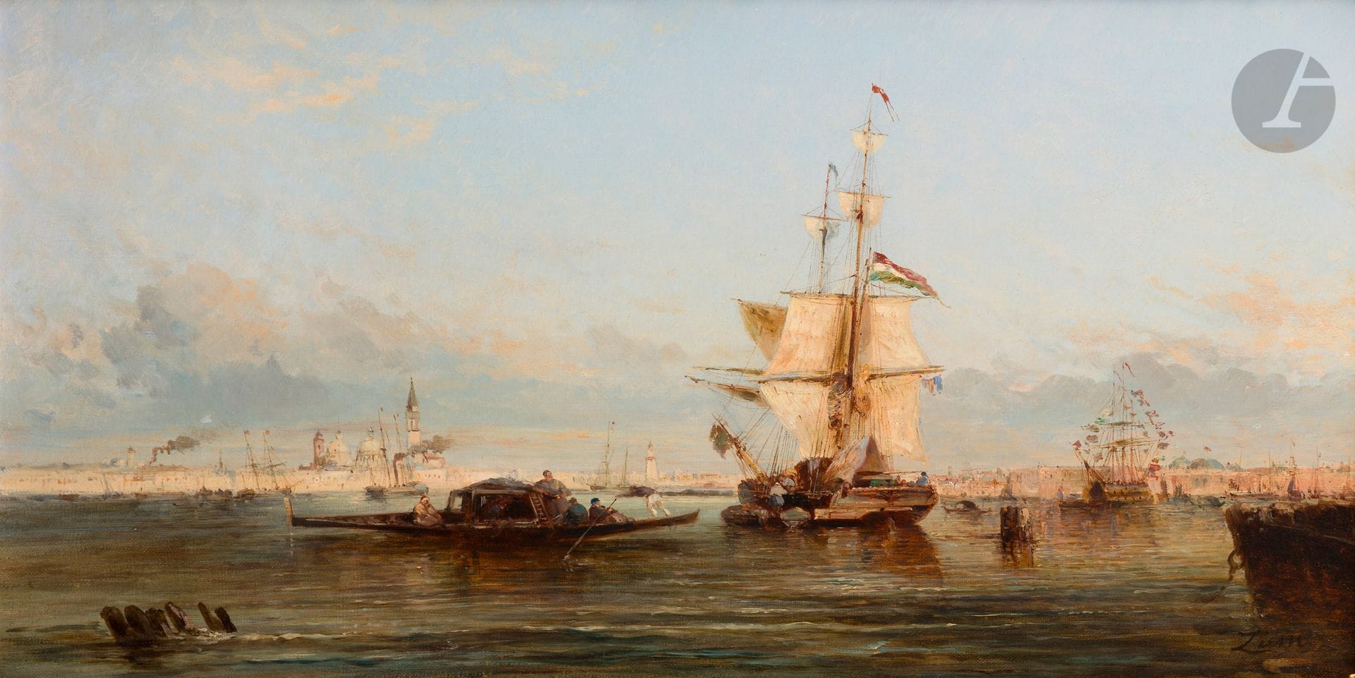 Félix ZIEM (1821-1911)
Embarcations et voiliers avec en fond Venise
Huile sur toile.
Signée en bas à droite.
(Rentoilée).
35 x 65 cm

 Un certificat du Comité Félix Ziem, en date du 29 mars 2023, sera délivré à l’acquéreur.