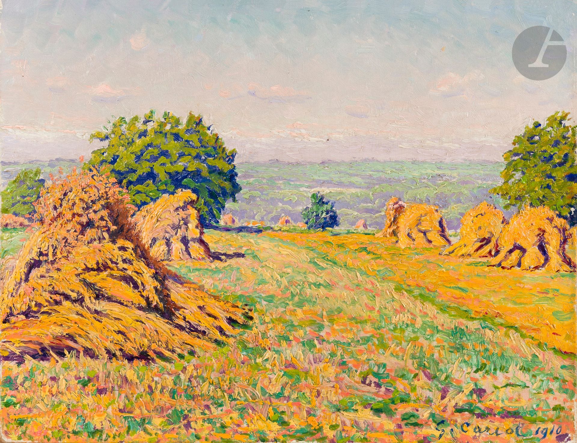 Gustave-Gaston CARIOT (1872-1950)
Les Meules, 1910
Huile sur toile.
Signée et datée en bas à droite.
33 x 41 cm

Provenance : 
Collection particulière, Paris.