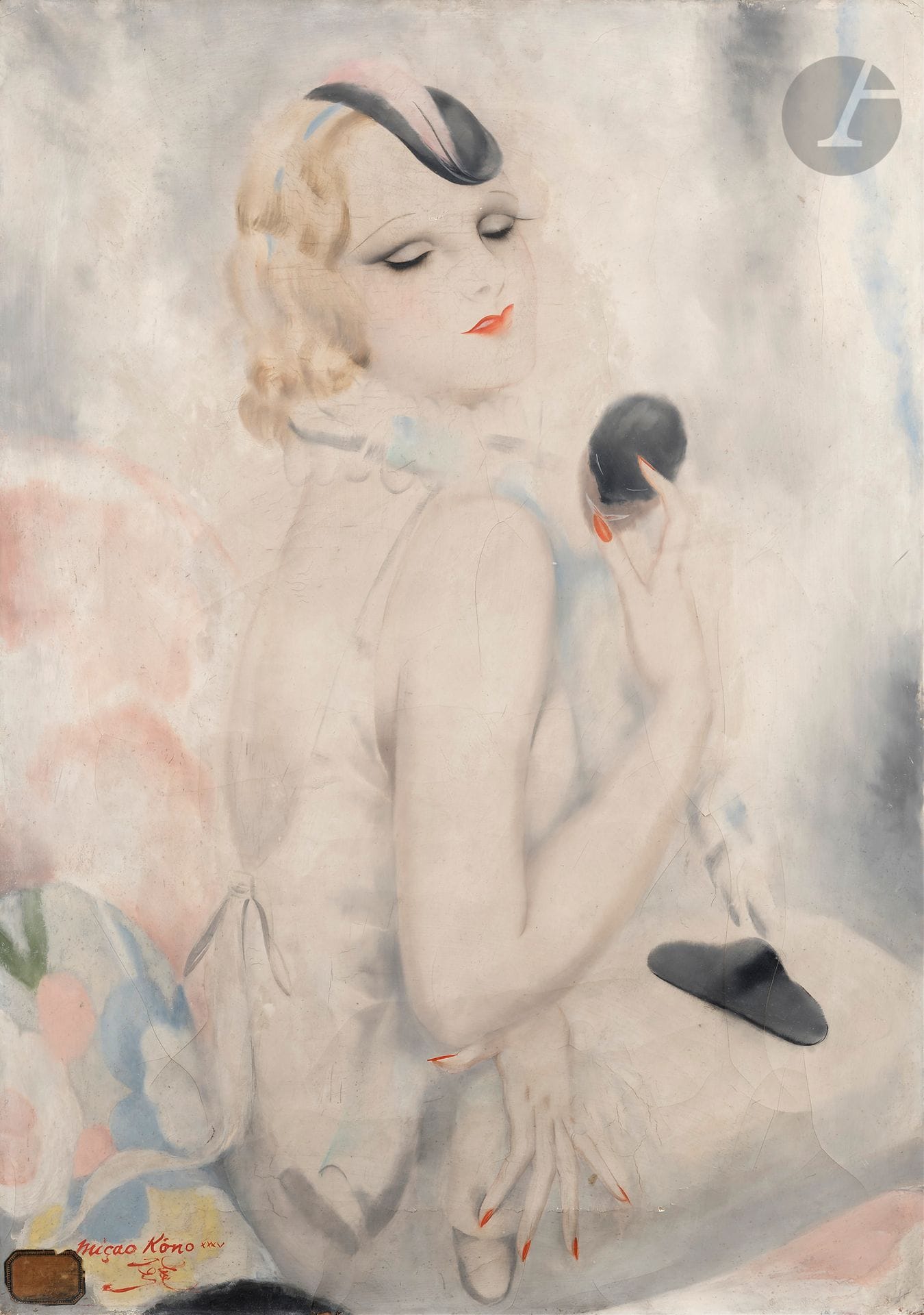 Micao KONO (1900-1979)
Woman with powder compact, circa 1930
Oil on canvas.
Signed lower left
(Craquelures).
65 x 46 cm