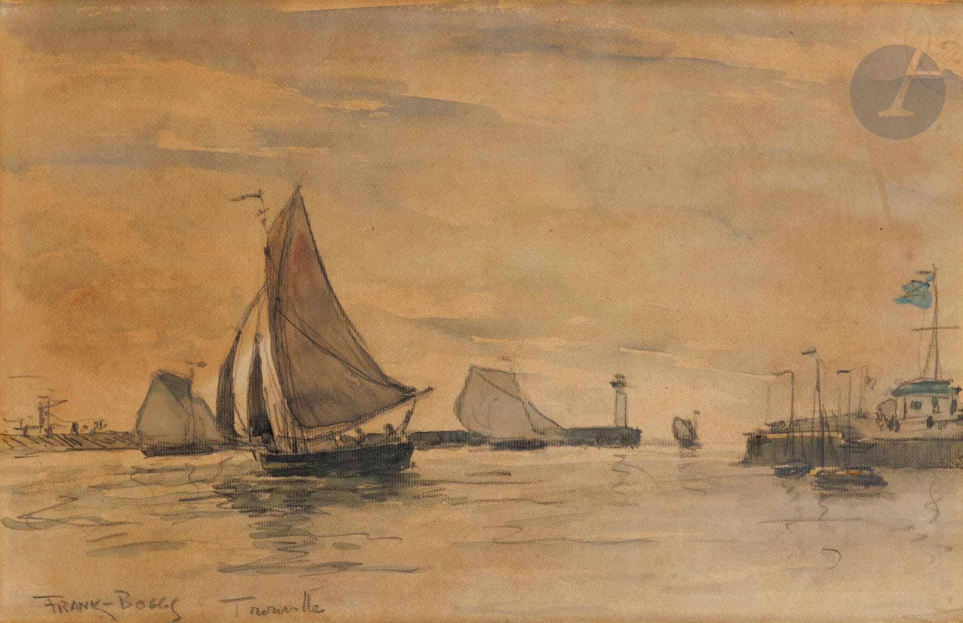 FRANK-BOGGS (1855-1926)
Trouville, l’entrée du port
Aquarelle et fusain.
Signée et située en bas à gauche.
26 x 40 cm

Exposition : 
Franck Boggs, Galerie Danthon, Paris (mention au dos sur le montage).