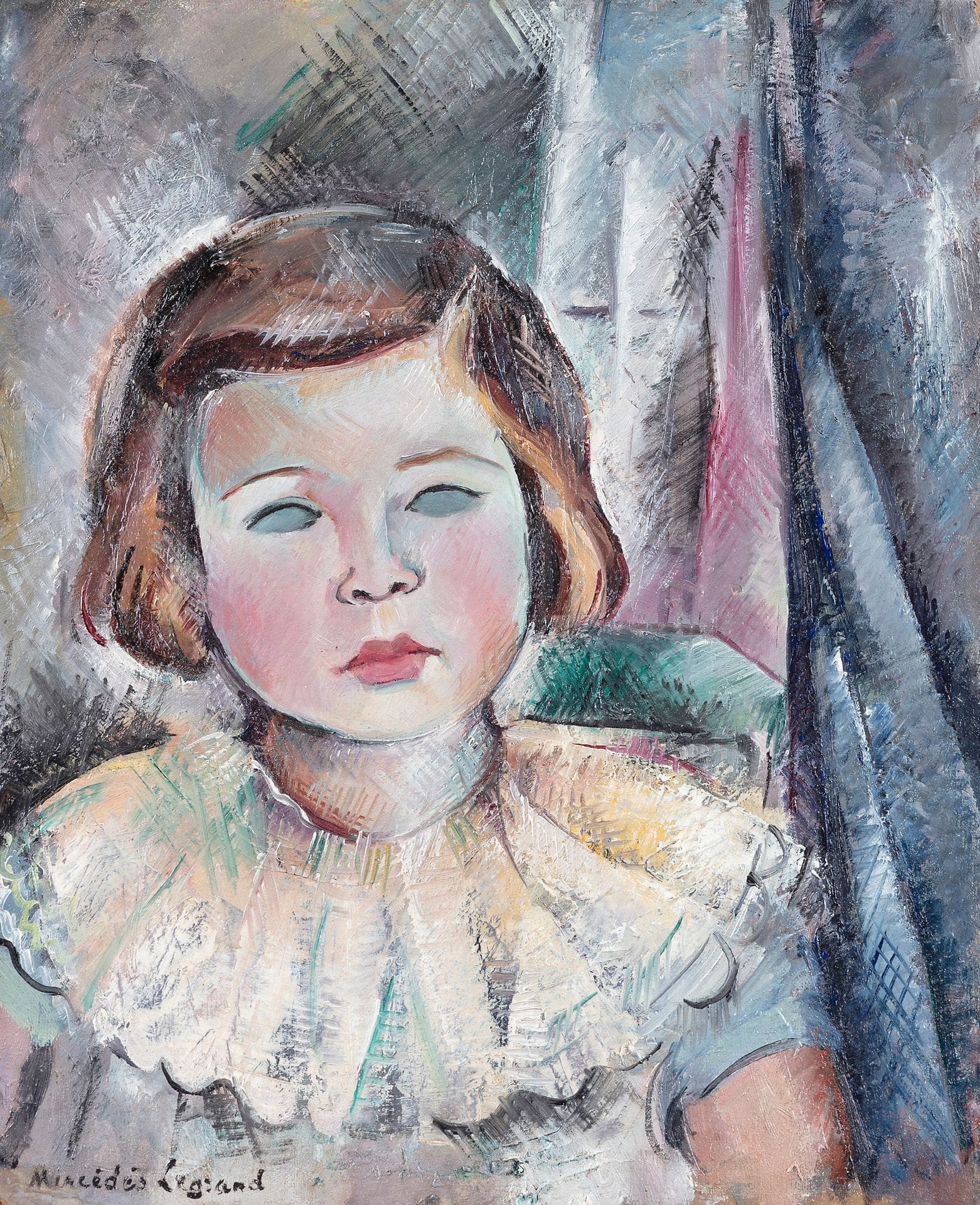 Mercédès LEGRAND (1893-1945)
Marie-Claire, vers 1934
Huile sur carton.
Signée en bas à gauche.
Esquisse au dos.
41 x 34 cm

Expositions : 
- À Fleur de toiles, Musée du Mont-de-Piété, Bergues, 1er juillet - 31 octobre 2020, catalogue, n° 5, non reproduit.
- Mercédès Legrand, Famenne & Art Museum, Marche-en-Famenne, 19 décembre 2023 - 30 avril 2021.