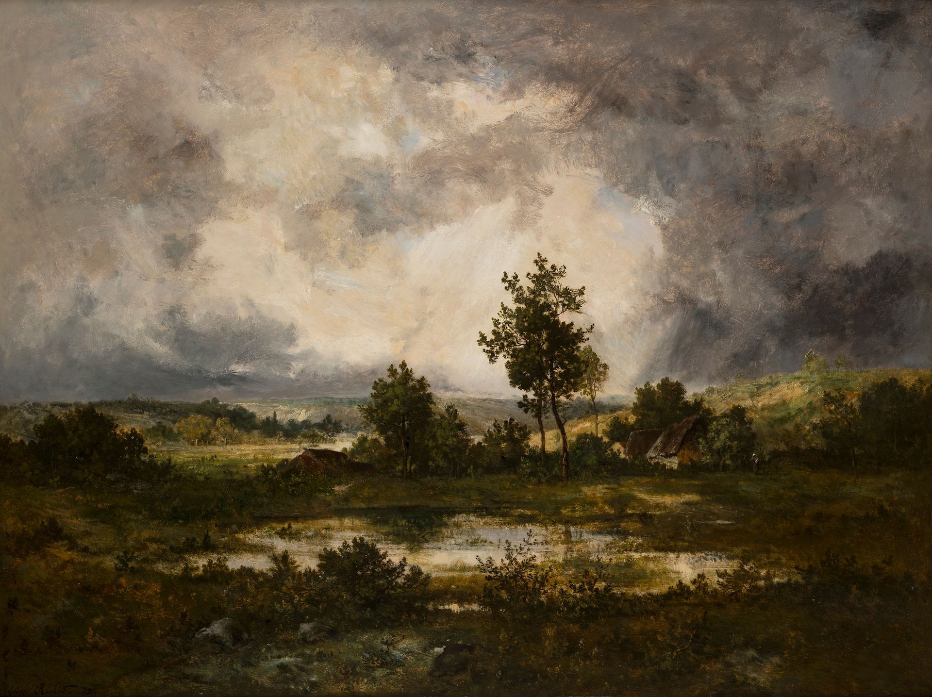 Léon RICHET (1847-1907)
Paysage au grand ciel, 1872
Huile sur panneau.
Signée et datée en bas à gauche.
79 x 105.5 cm

Provenance : 
Galerie L.T Neumann, Wien, n° 578 (étiquette au dos).

Exposition : 
Hofkunsthalle, Vienne, n° 772 (étiquette au dos).