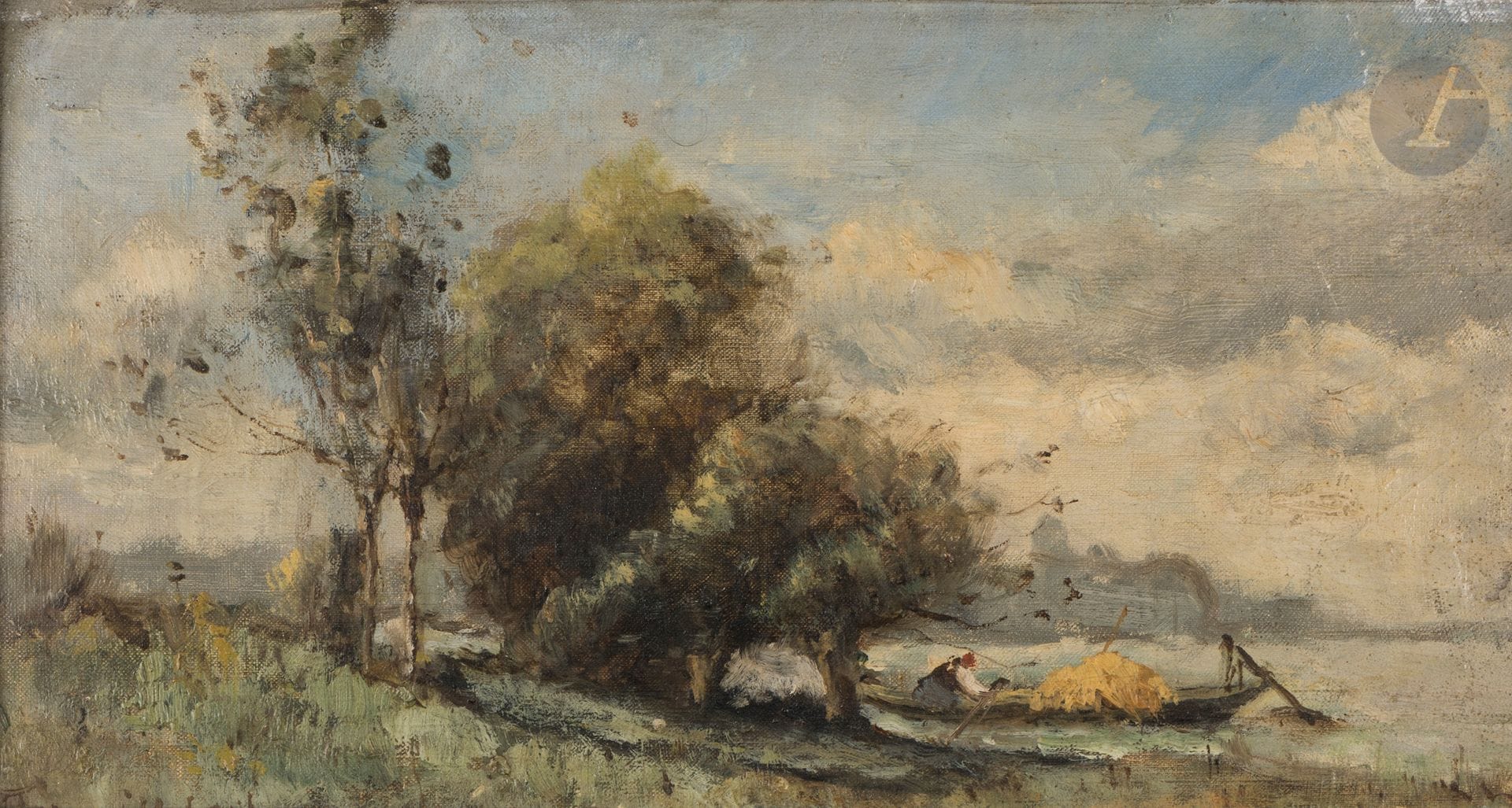 Paul-Désiré TROUILLEBERT (1829-1900)
Barque au foin
Huile sur toile.
Signée en bas à gauche.
17 x 33 cm

Exposition :
Galerie des Artistes modernes, Paris, 18-30 mars 1901 (timbre au dos).