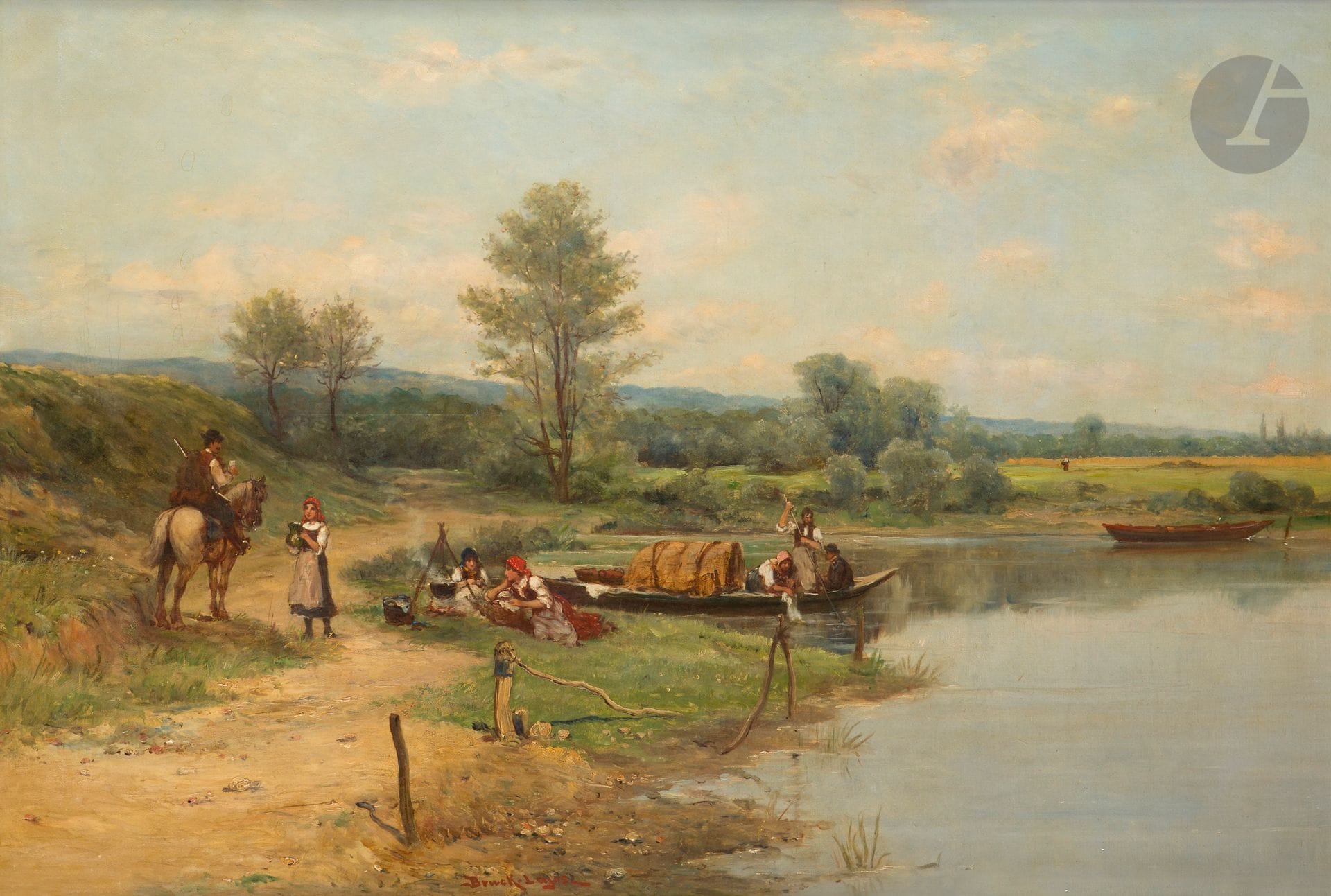 Ludwig BRUCK-LAJOS (1846-1910)
Famille en bord de rivière
Huile sur toile.
Signée en bas vers la gauche.
54 x 81 cm