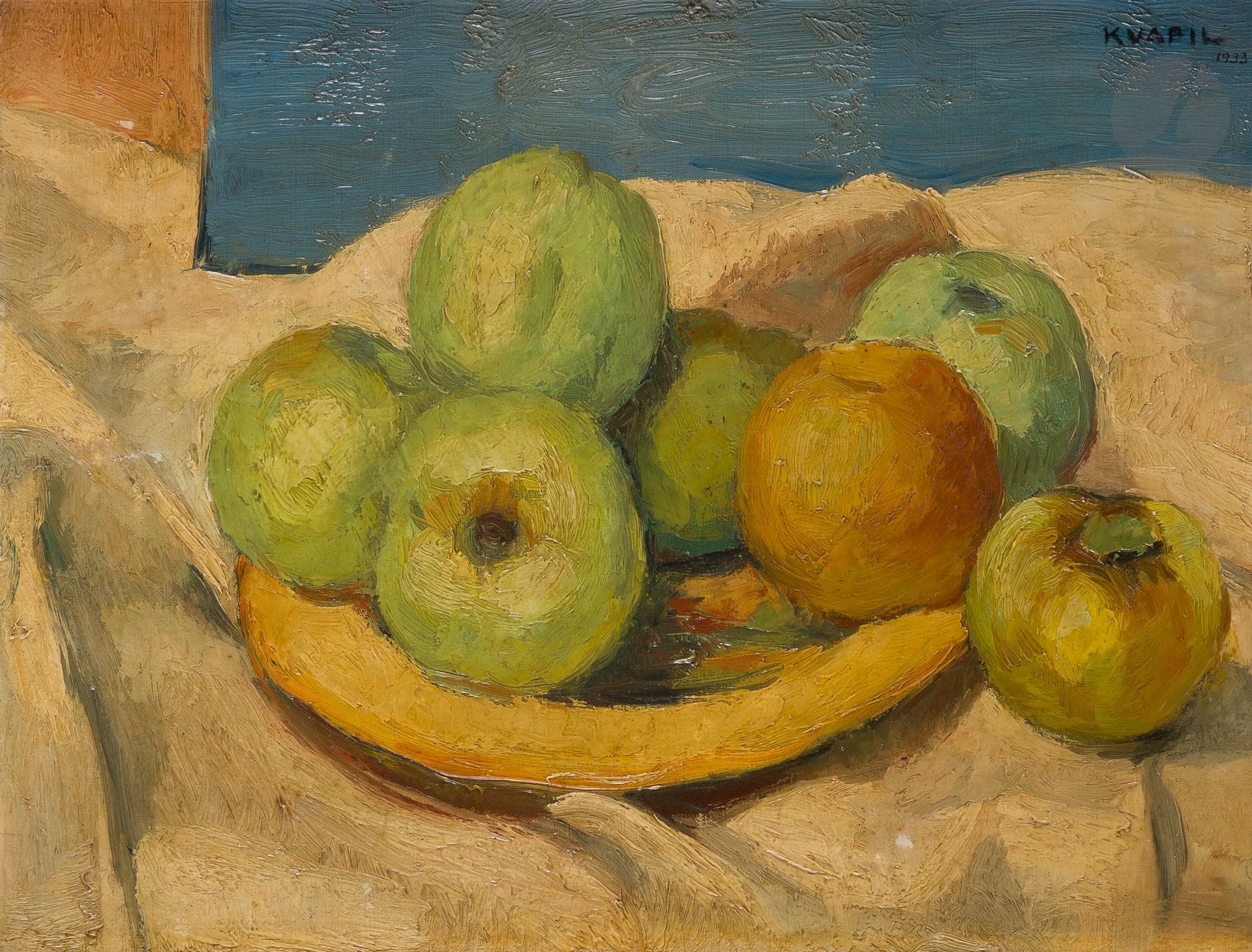 Charles KVAPIL (1884-1958)
Still life with fruit, 1933
Oil on canvas.
Signed and dated upper right.
33 x 46 cm