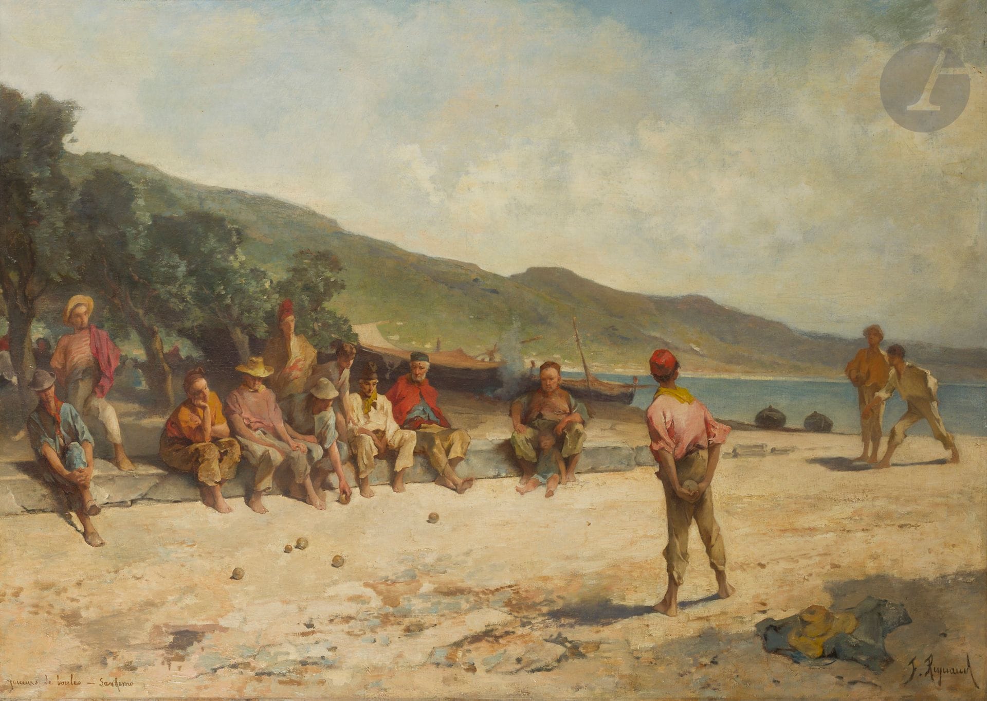 François Maurice REYNAUD (1825-1909)
Joueurs de boules, San Remo
Huile sur toile.
Signée en bas à droite.
Titrée et située en bas à gauche.
89 x 130 cm