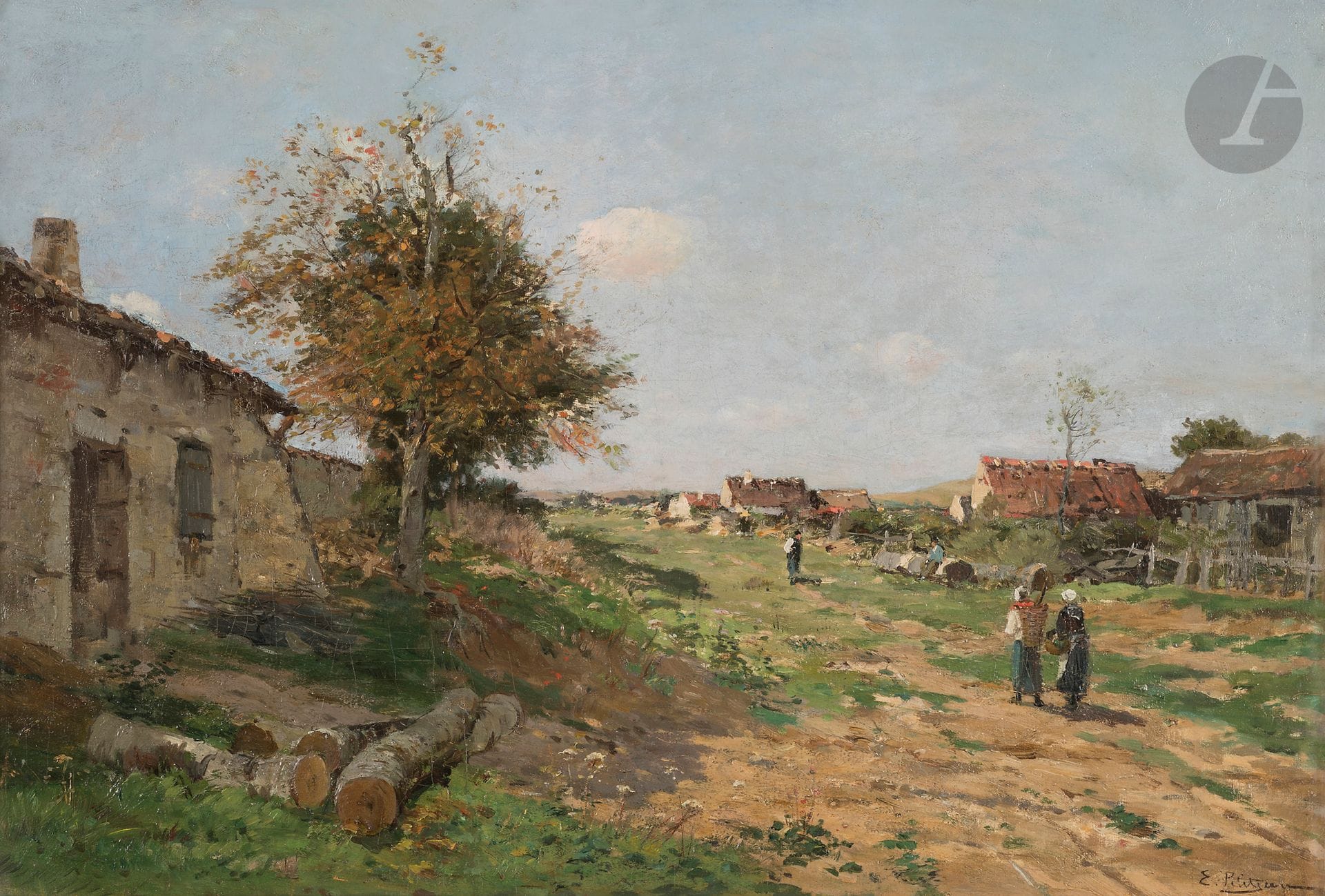 Edmond Marie PETITJEAN (1844-1925)
Village animé
Huile sur carton.
Signée en bas à droite.
44.5 x 65 cm