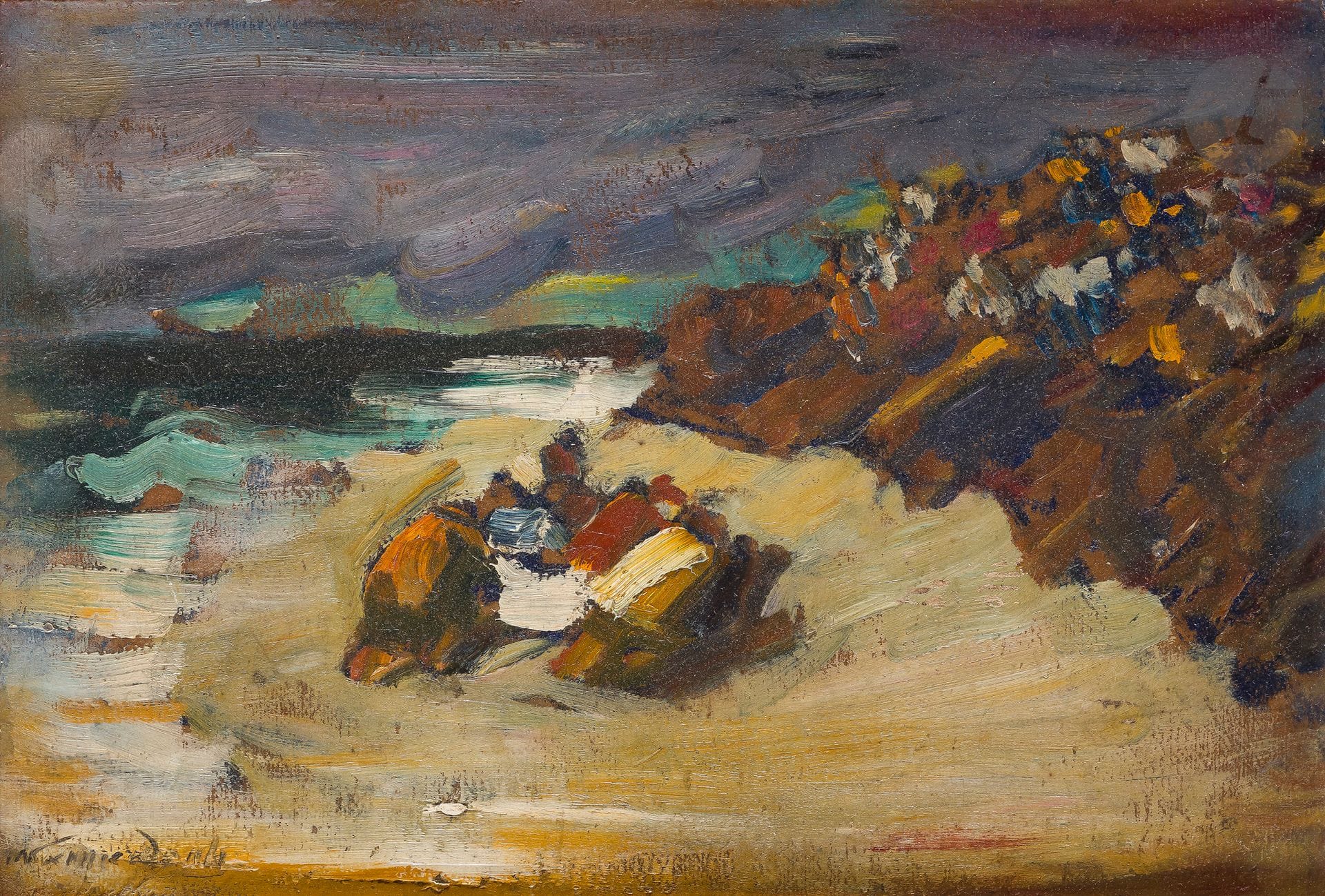 Jean-Julien LEMORDANT (1880-1968)
Bord de mer animé - Les Pêcheurs
Huile sur carton double face.
Signée en bas à gauche.
24 x 35 cm