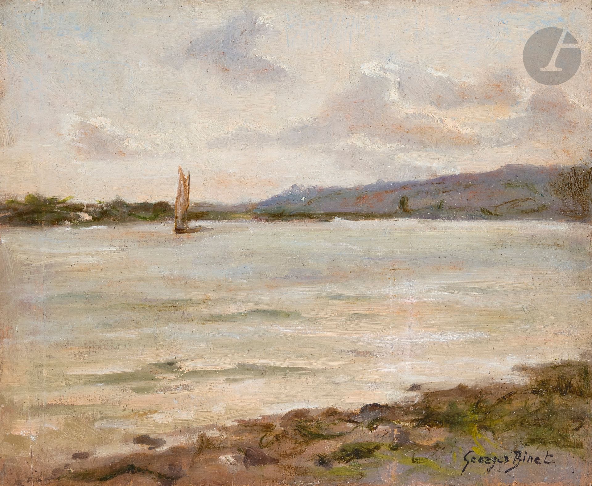 Georges BINET (1865-1949)
Voilier en bord de mer - Paysage aux canards
Huile sur panneau double face.
Signée en bas à droite.
21 x 25.5 cm