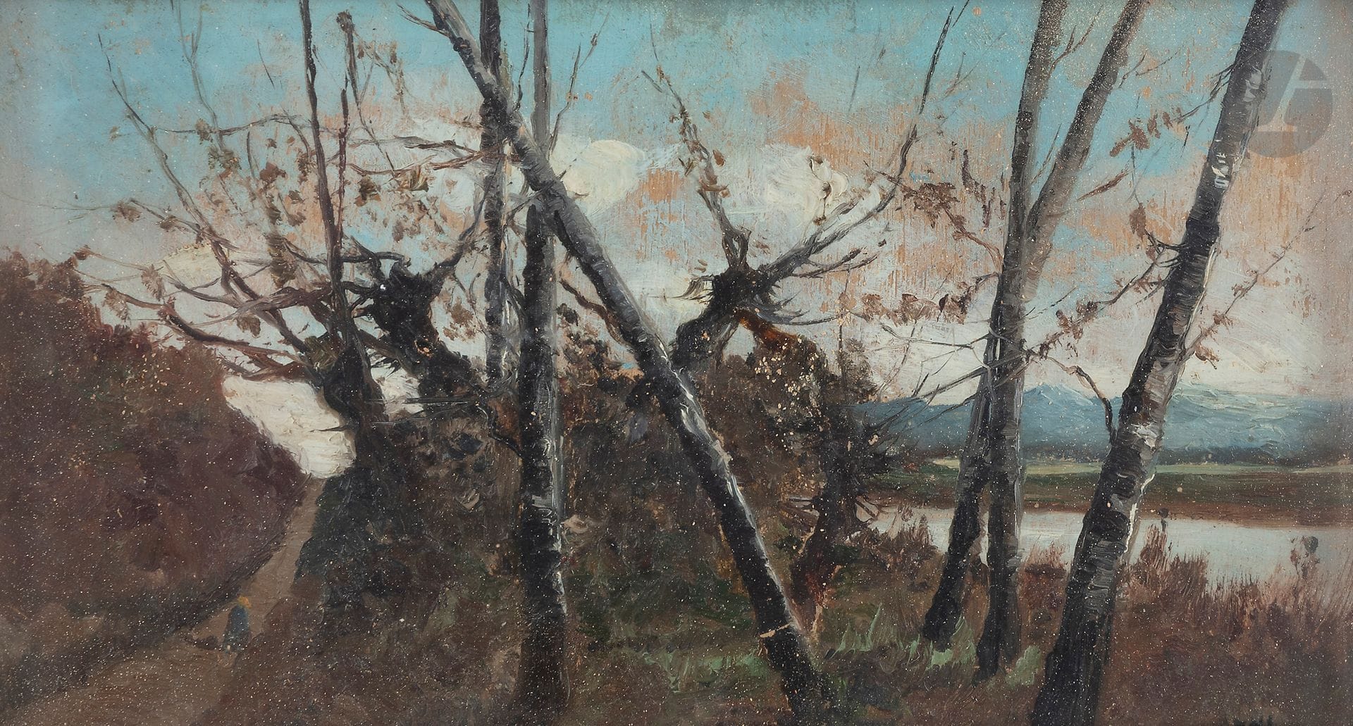 Pedro IBARRA RUIZ (1858-1934)
Paysanne sur le chemin en bord de rivière, 1892
Huile sur panneau.
Signée et datée en bas à doite.
11.5 x 19.5 cm