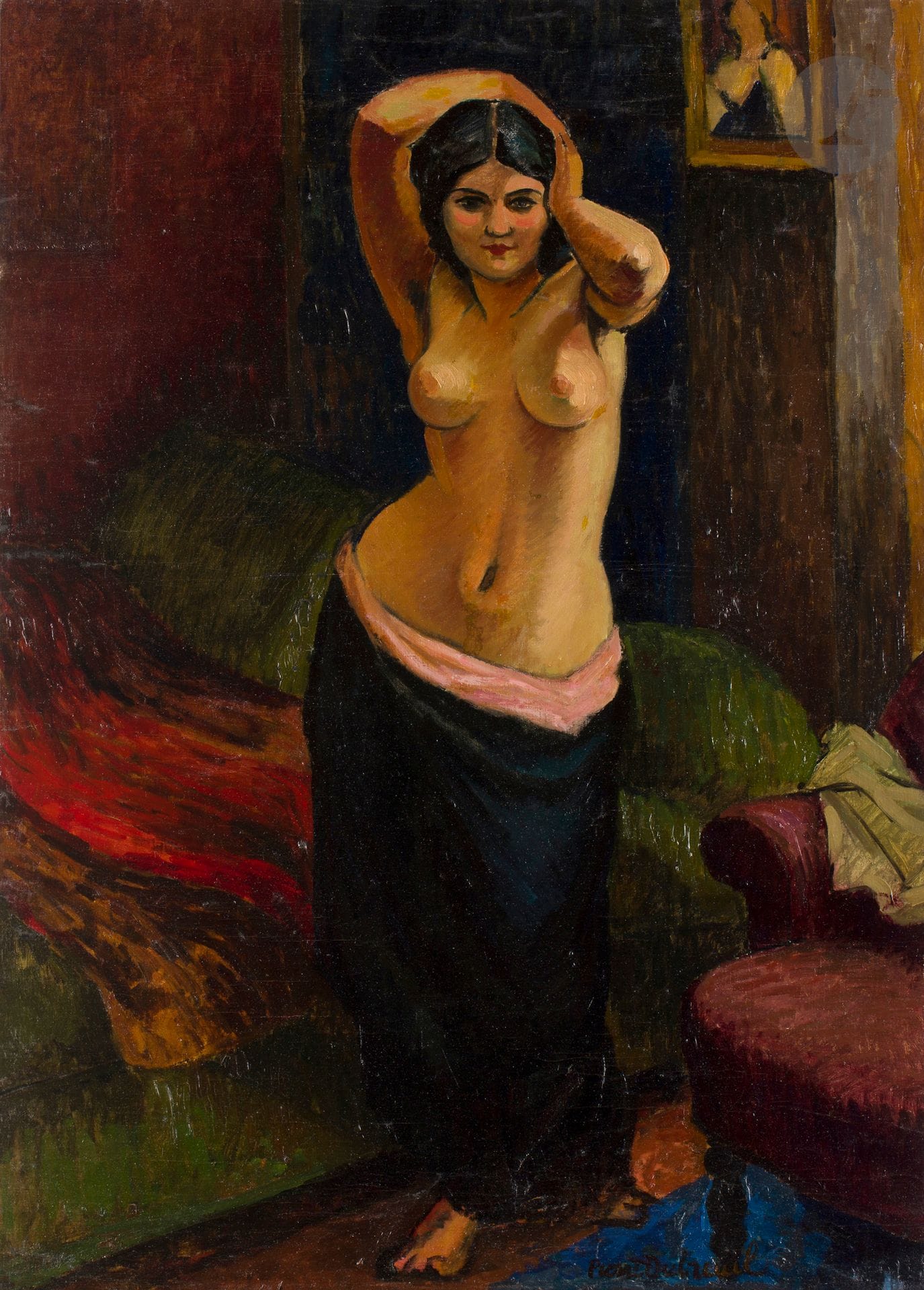 Pierre DUBREUIL (1891-1970)
Femme nue, les bras levés
Huile sur toile.
Signée en bas à droite.
(Restaurations).
90 x 64 cm