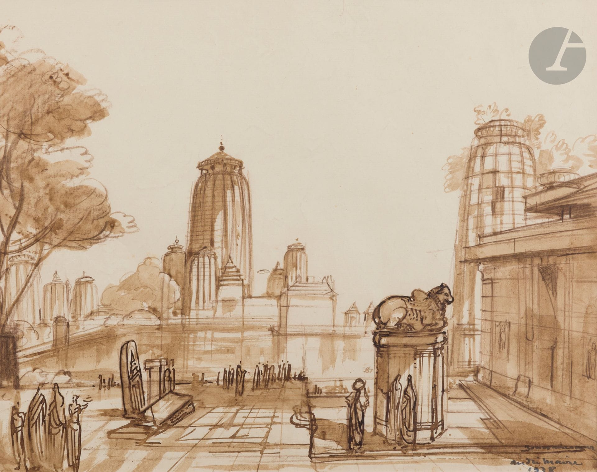 André MAIRE (1898-1984)
Ville animée, 1938
Encre brune et lavis brun.
Signée, datée et située en bas à droite.
33 x 42 cm
