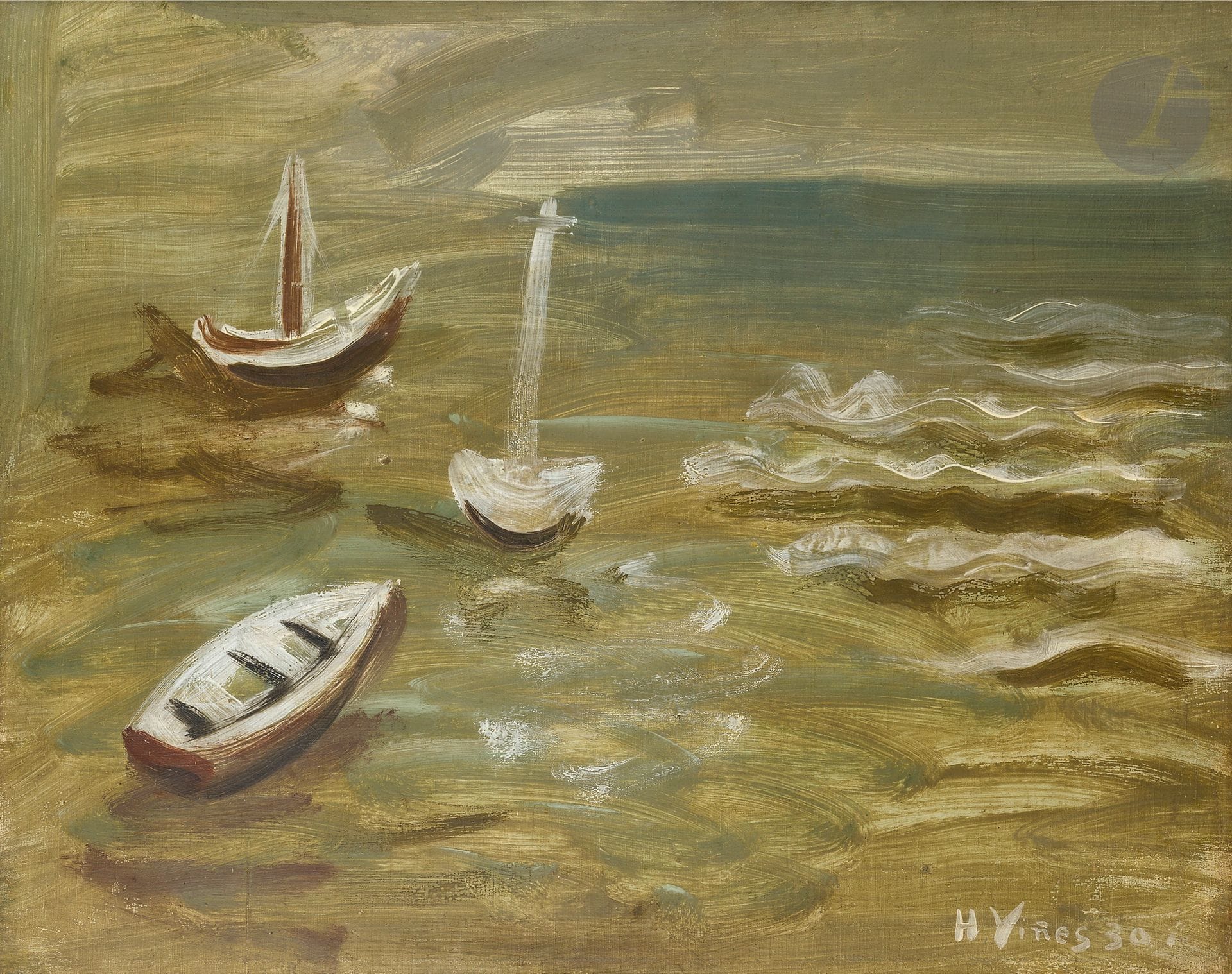Hernando VINES-SOTO (1904-1993)
Voiliers en mer agitée, 1930
Huile sur toile
Signée et datée en bas à droite.
(Bandes de tension).
65 x 81 cm