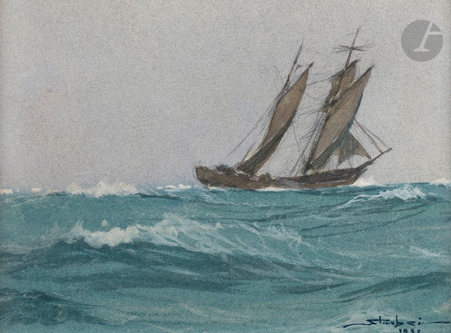 Dimitrie STIUBEI (1901-1985)
Voilier en mer, 1932
Aquarelle sur papier gris.
Signée et datée en bas à droite.
22 x 30 cm