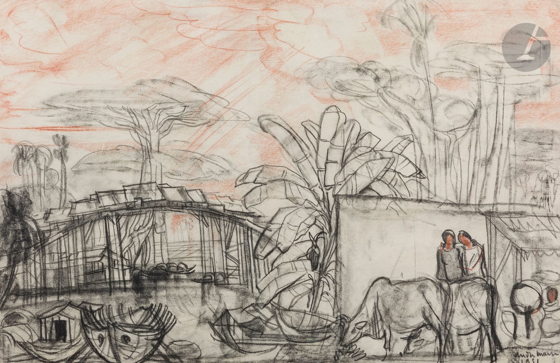 André MAIRE (1898-1984)
Animated Mekong riverbank, 1951
Charcoal and red chalk.
Signed and dated lower right.
32 x 49 cm
