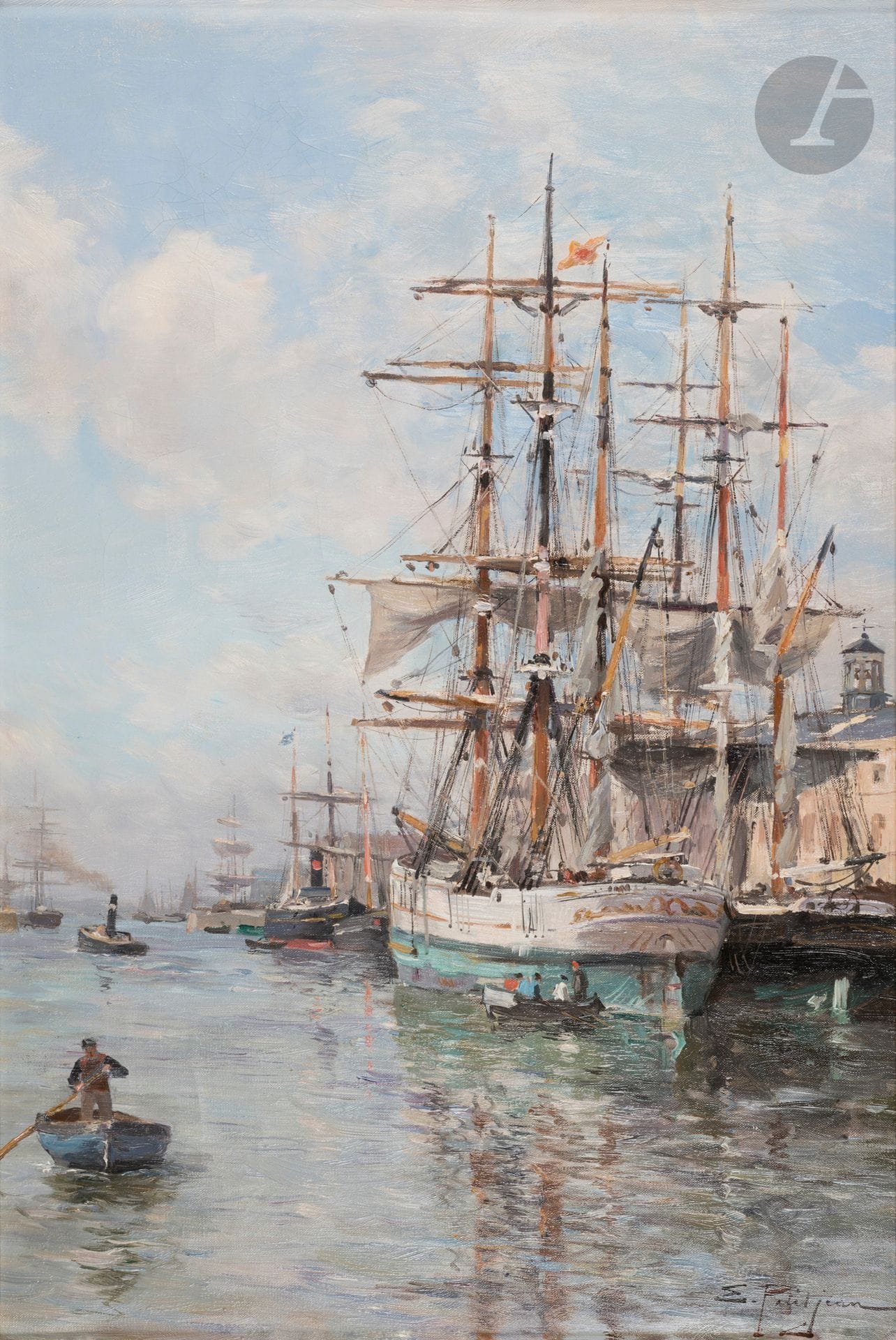 Edmond Marie PETITJEAN (1844-1925)
Le Havre, bateaux au port
Huile sur toile.
Signée en bas à droite.
58 x 40 cm
