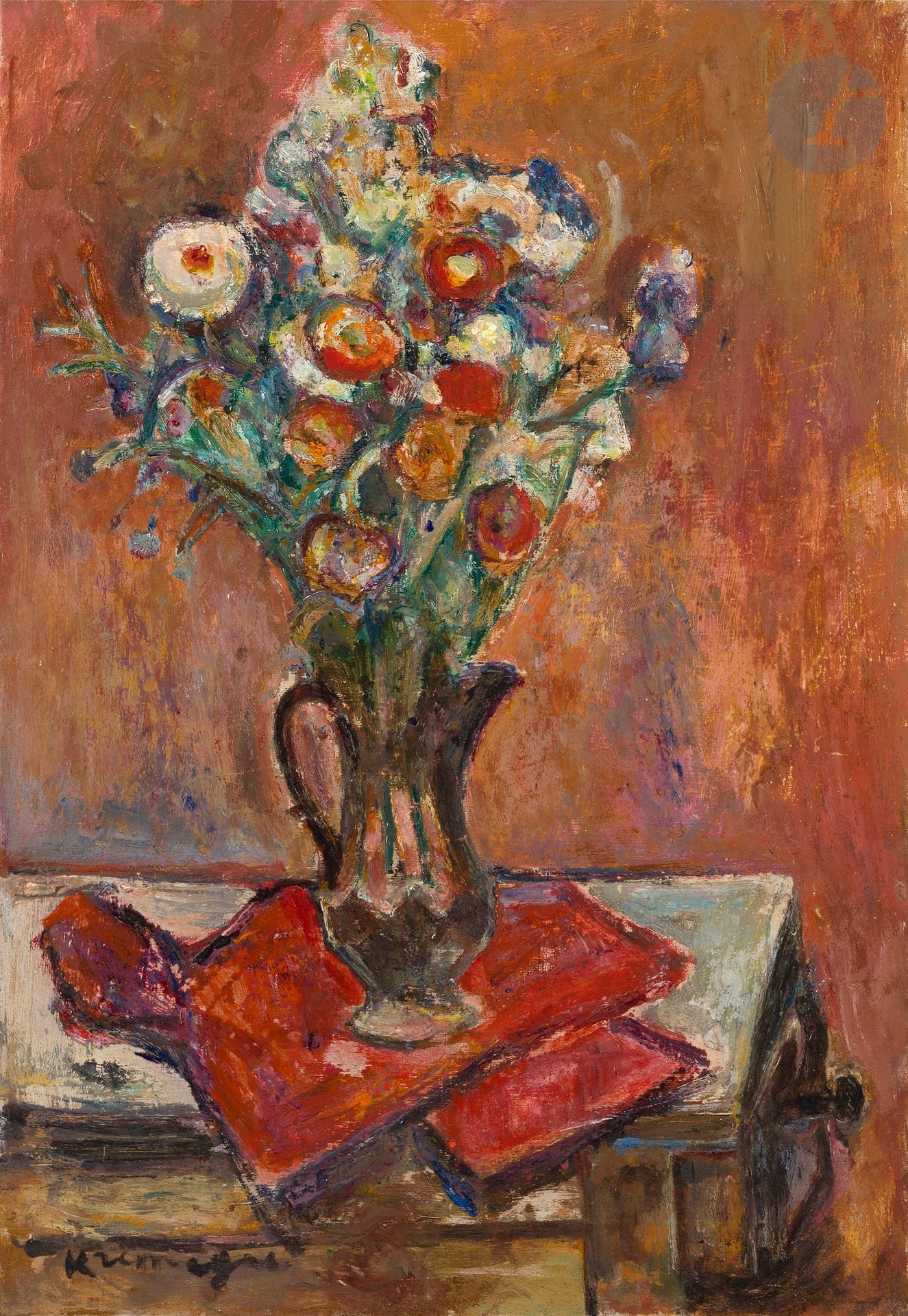 Pinchus KRÉMÈGNE (1890-1981)
Bouquet on the red tablecloth, 1950
Oil on canvas.
Signed lower left.
(Craquelures).
55 x 48 cm

A certificate from Madame Nadine Nieszawer, dated May 8, 2009, will be given to the buyer.