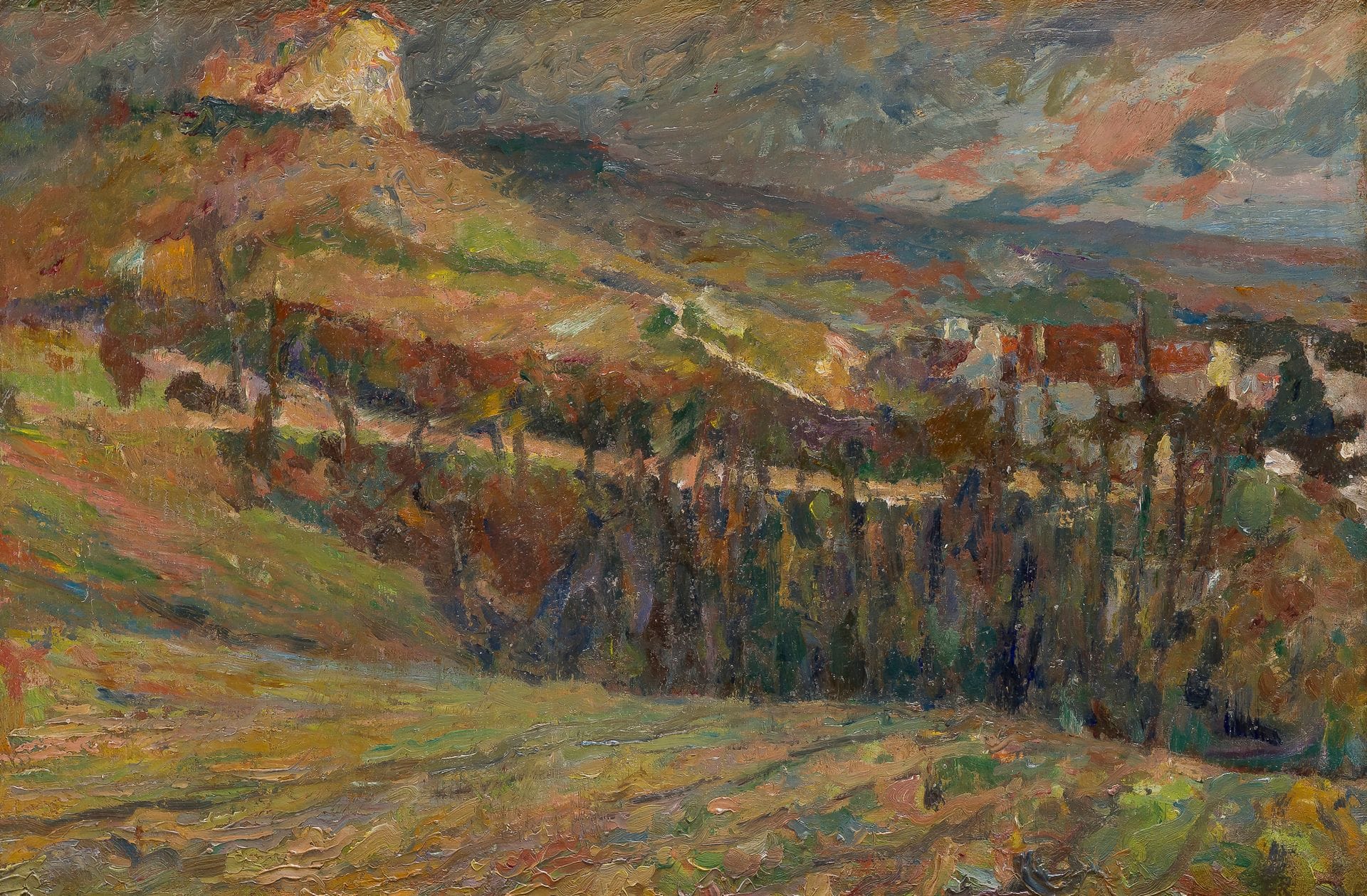 Emilio BOGGIO (1857-1920)
Vaux-sur -Seine, le Gibet, 1902
Huile sur toile.
Signée, datée, titrée et numérotée « 540 » au dos.
(Petites restaurations).
38 x 55 cm