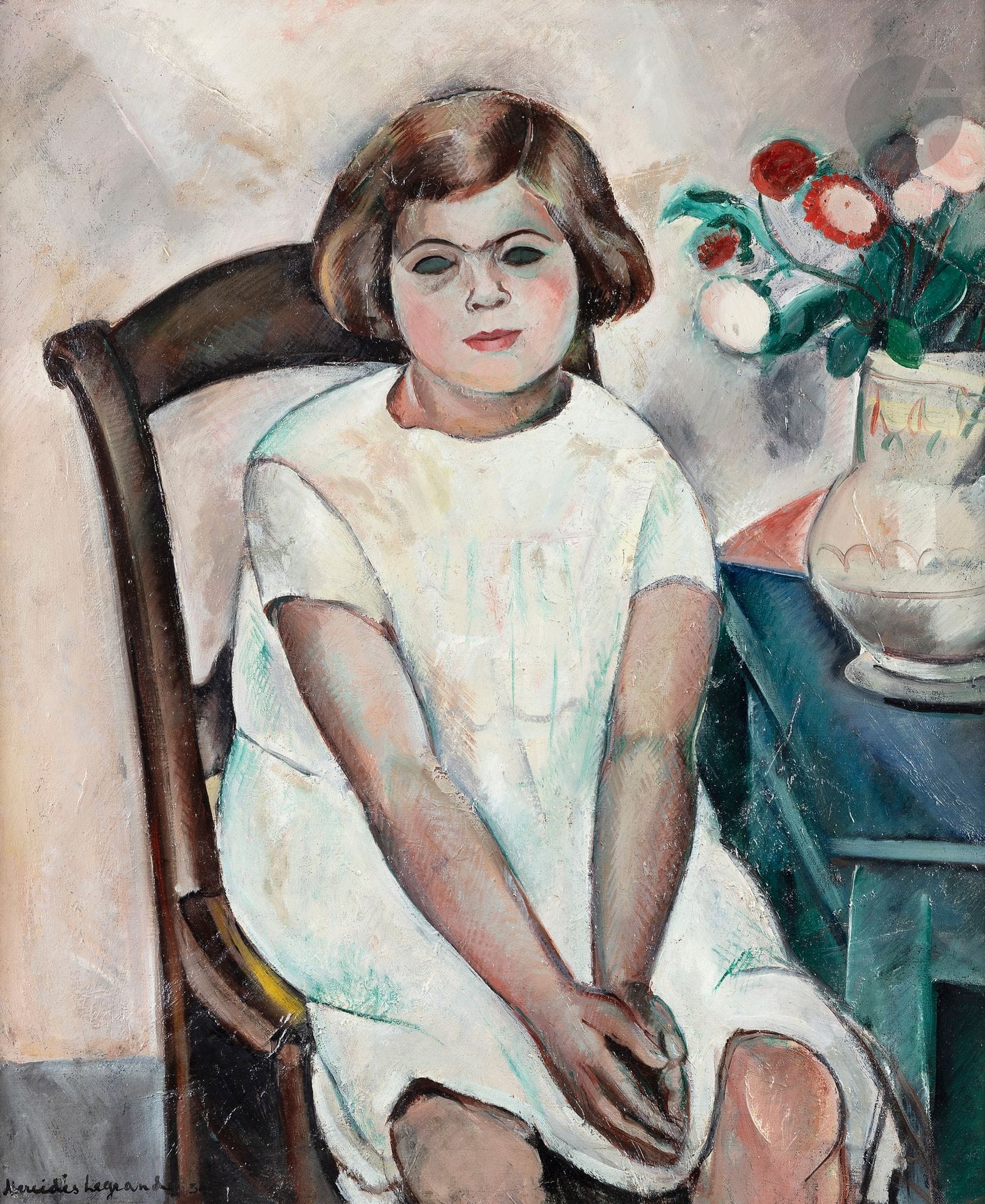 Mercédès LEGRAND (1893-1945)
Jeune fille en blanc, vers 1935
Huile sur toile.
Signée en bas à gauche.
(Restaurations).
73 x 60 cm

Expositions : 
- À Fleur de toiles, Musée du Mont-de-Piété, Bergues, 1er juillet - 31 octobre 2020, catalogue, n° 12, non reproduit.
- Mercédès Legrand, Famenne & Art Museum, Marche-en-Famenne, 19 décembre 2023 - 30 avril 2021.