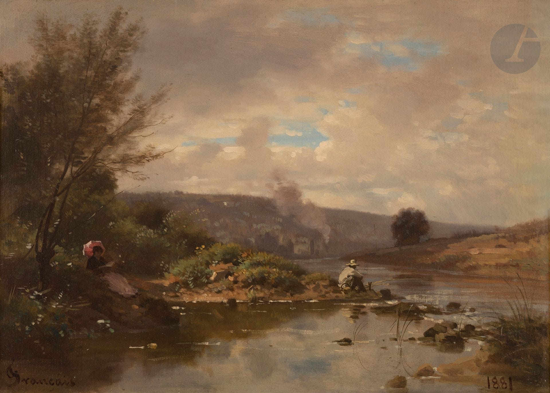 François-Louis FRANCAIS (1814-1897)
Couple en bord de rivière, 1881
Huile sur toile.
Signée en bas à gauche.
Datée en bas à droite.
Rentoilée.
33 x 46 cm