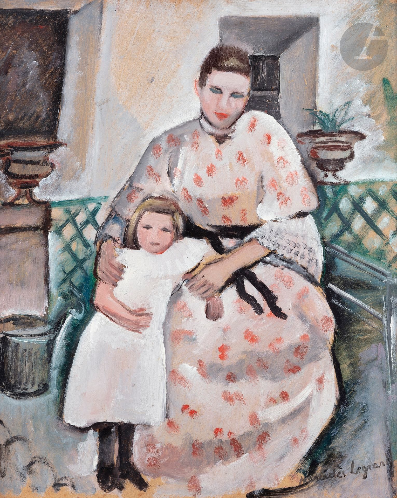 Mercédès LEGRAND (1893-1945)
Mère et enfant, souvenirs d’Espagne, vers 1940
Huile sur carton.
Signée en bas à droite.
47 x 38 cm

Expositions : 
- À Fleur de toiles, Musée du Mont-de-Piété, Bergues, 1er juillet - 31 octobre 2020, catalogue, n ° 35, non reproduit.
- Mercédès Legrand, Famenne & Art Museum, Marche-en-Famenne, 19 décembre 2023 - 30 avril 2021.