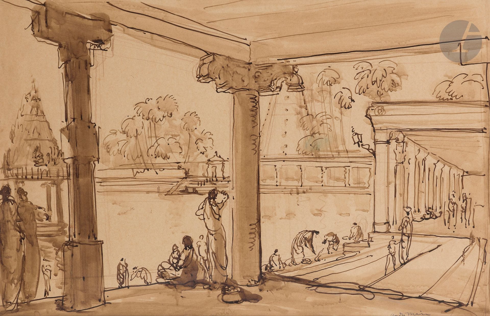 André MAIRE (1898-1984)
Cambodge, temple animé
Encre brune et lavis brun.
Signée en bas à droite.
36 x 55 cm