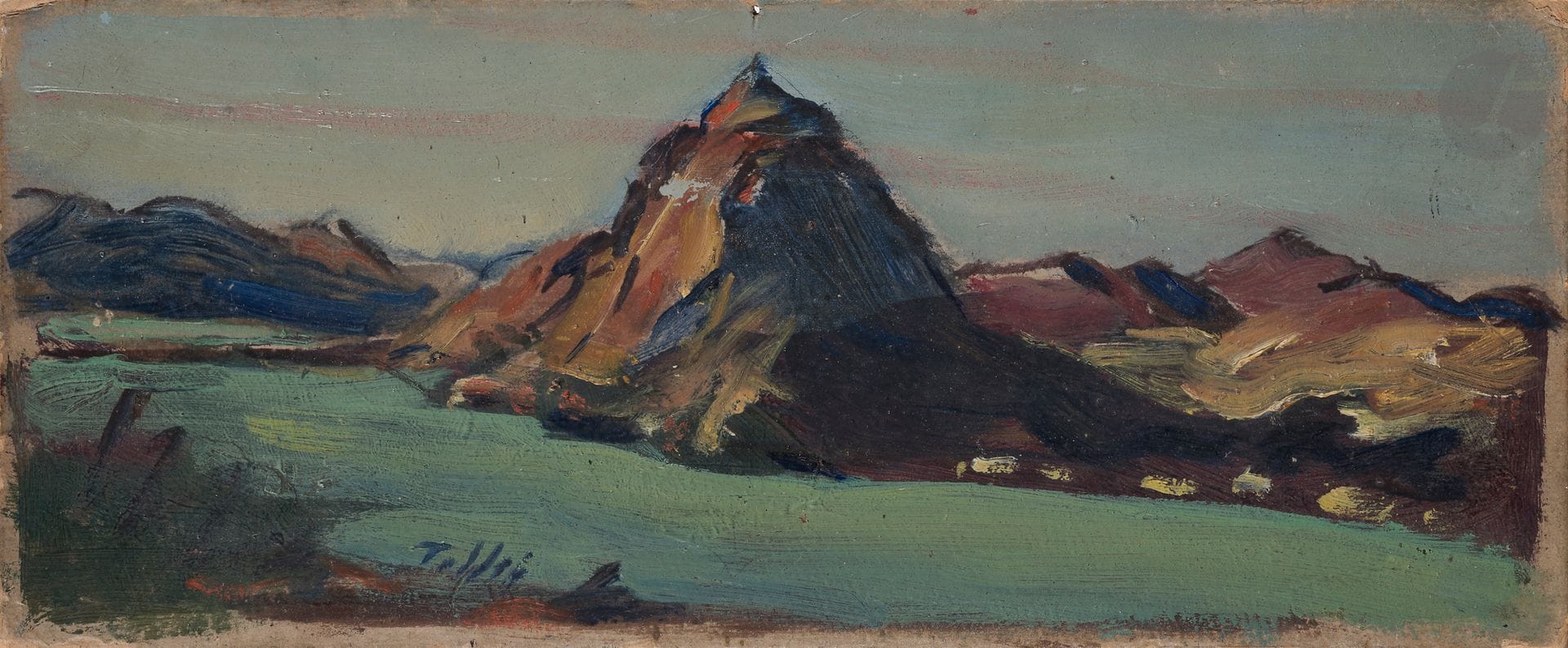 Luigi TADDEI (1898-1992)
Monte San Salvatore, vers 1950
Huile sur carton.
Signée en bas à gauche.
Signée et titrée au dos.
14 x 35 cm

Provenance : 
Acquis directement auprès de l’artiste.