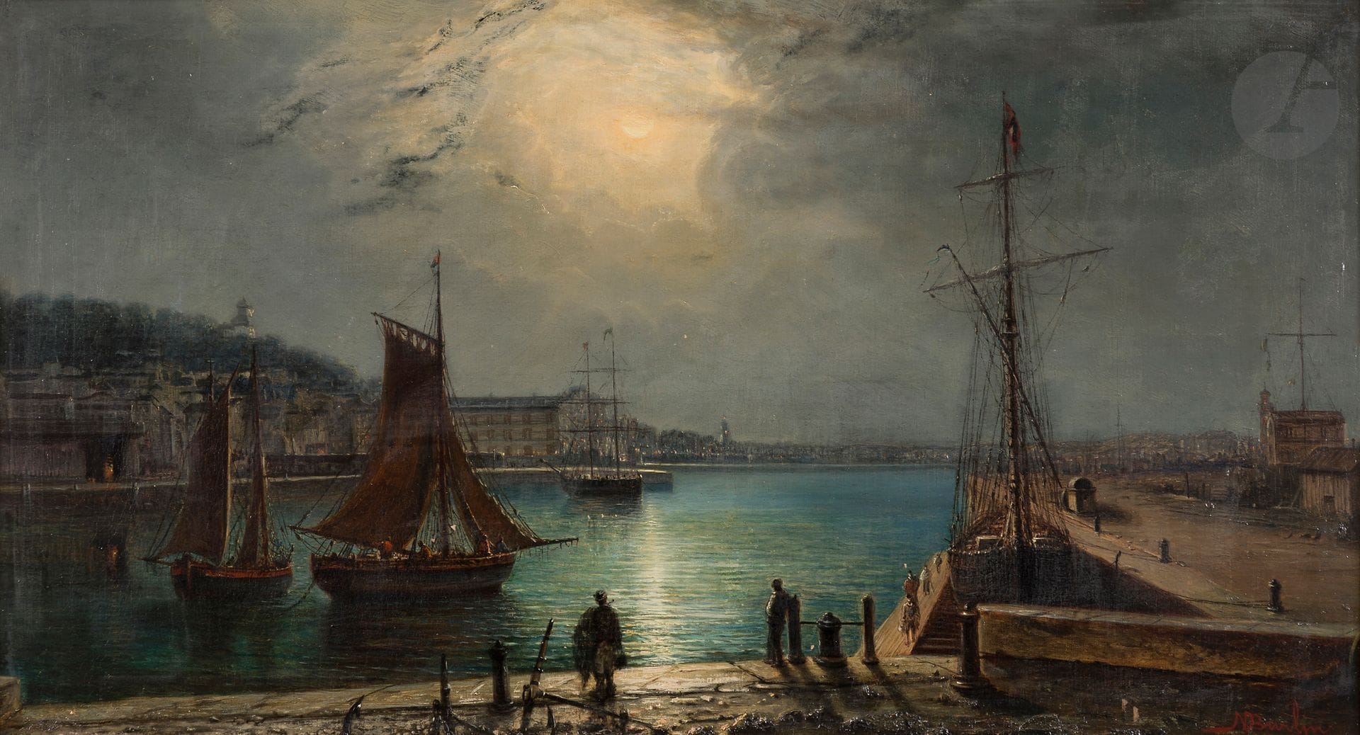 Nathalie BURLIN (1875-1921)
Le Port du Havre
Huile sur toile.
(Restaurations).
35 x 66 cm