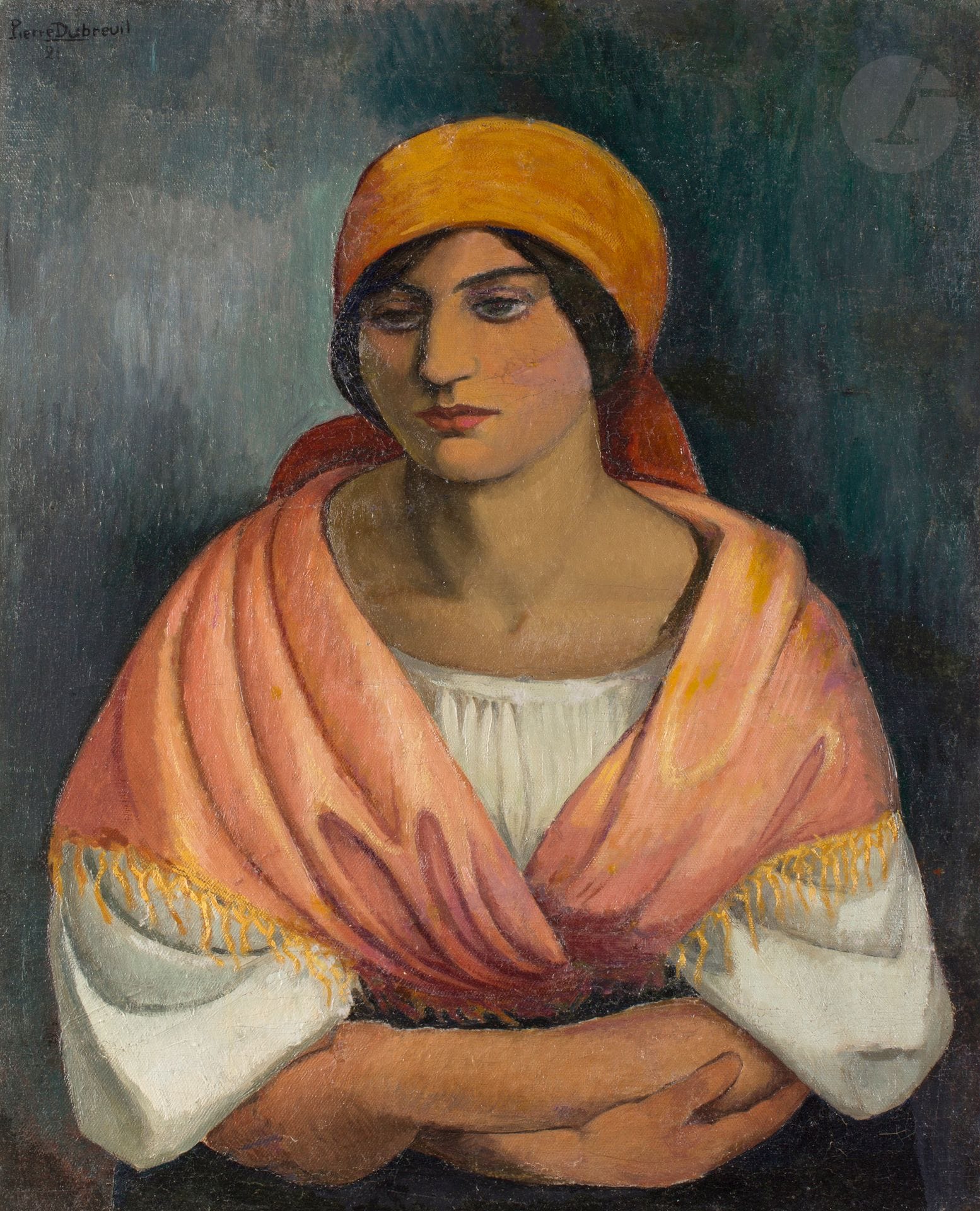 Pierre DUBREUIL (1891-1970)
Portrait de femme au fichu
Huile sur toile.
Signée en haut à gauche.
(Craquelures et restaurations).
80 x 63 cm