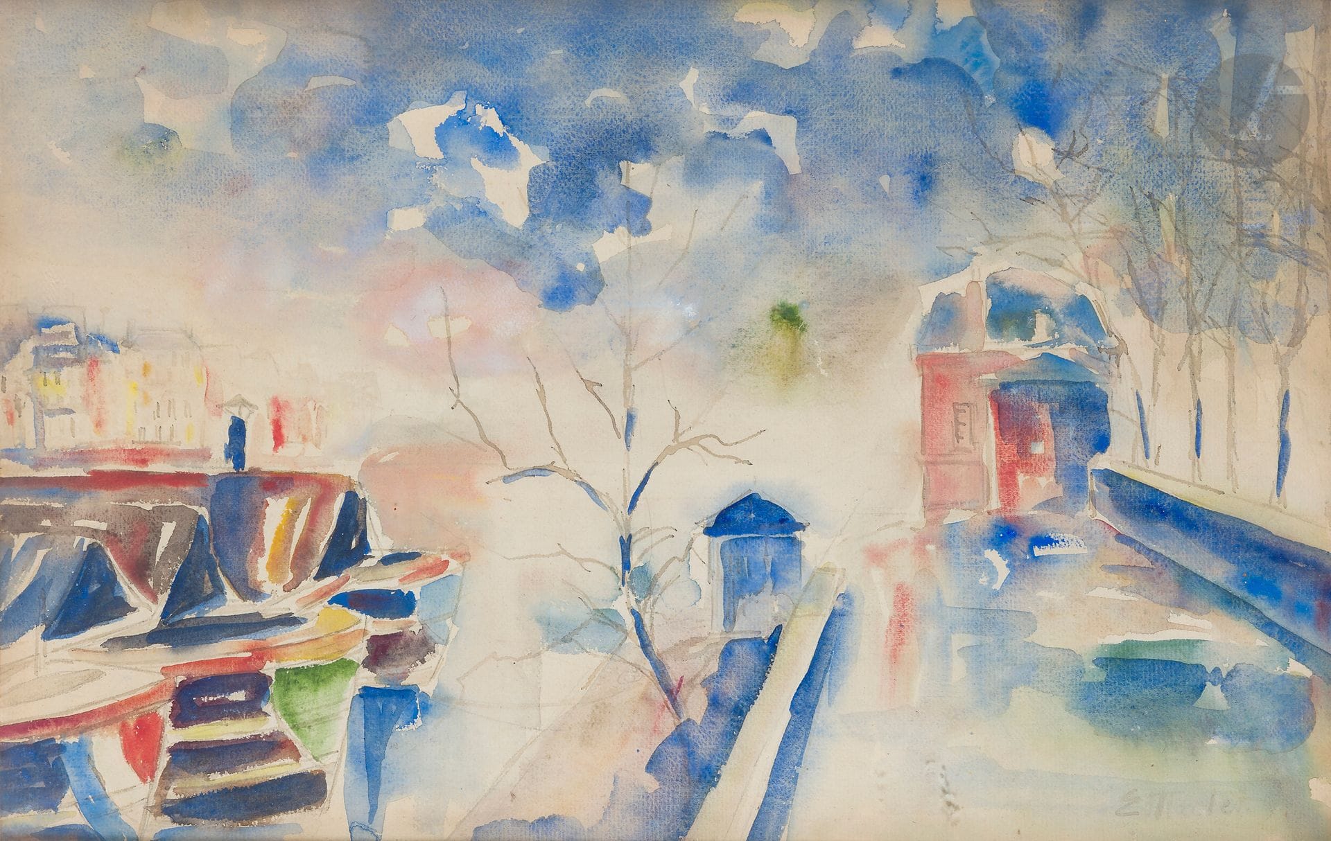 Elisée MACLET (1881-1962)
Paris, Bateaux Lavoirs au Pont-Marie
Aquarelle.
Signée en bas à droite.
29.5 x 46.5 cm