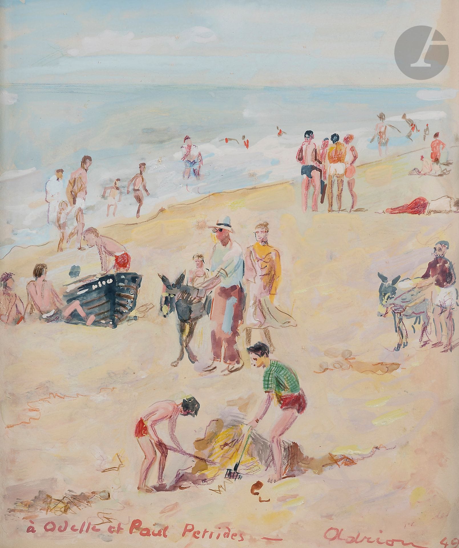 Lucien ADRION (1889-1953)
The Beach, 1949
Gouache.
Signed and dated lower right.
Dedicated "to Odette and Paul Pétridès".
28 x 23 cm