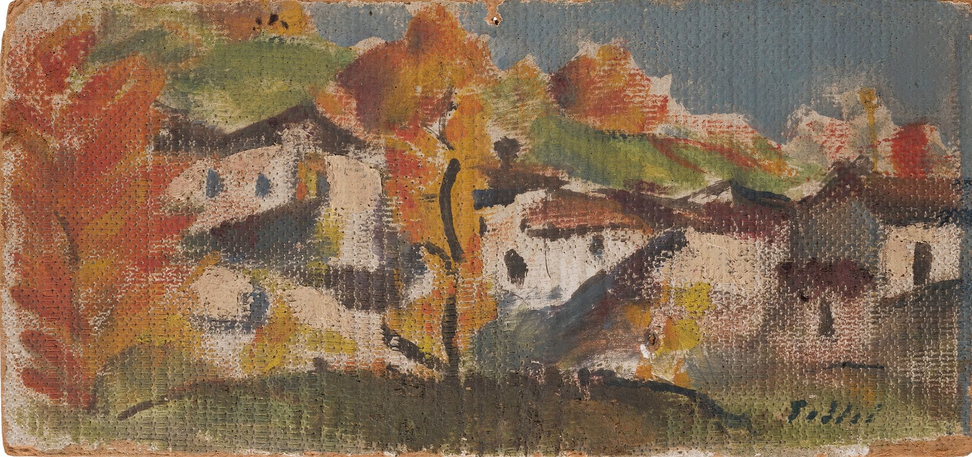 Luigi TADDEI (1898-1992)
Automne, vers 1950
Huile sur carton.
Signée en bas à droite.
Signée et titrée au dos.
(Usures sur les bords).
14 x 30 cm

Provenance : 
Acquis directement auprès de l’artiste.
