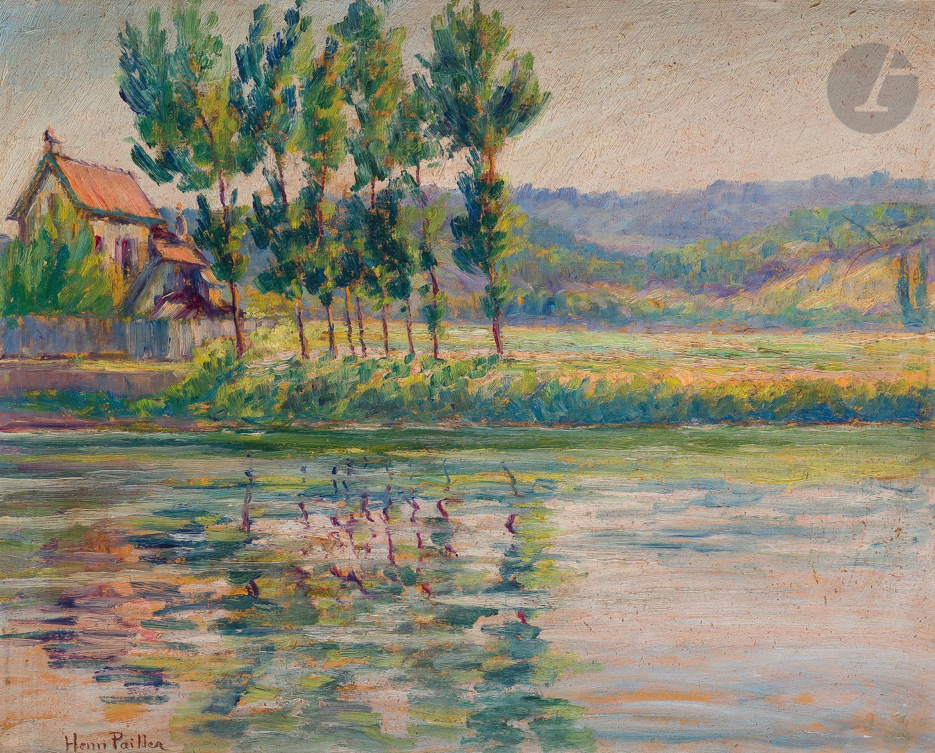 Henri PAILLER (1876-1954)
Bord de rivière
Huile sur carton.
Signée en bas à gauche.
38 x 46 cm