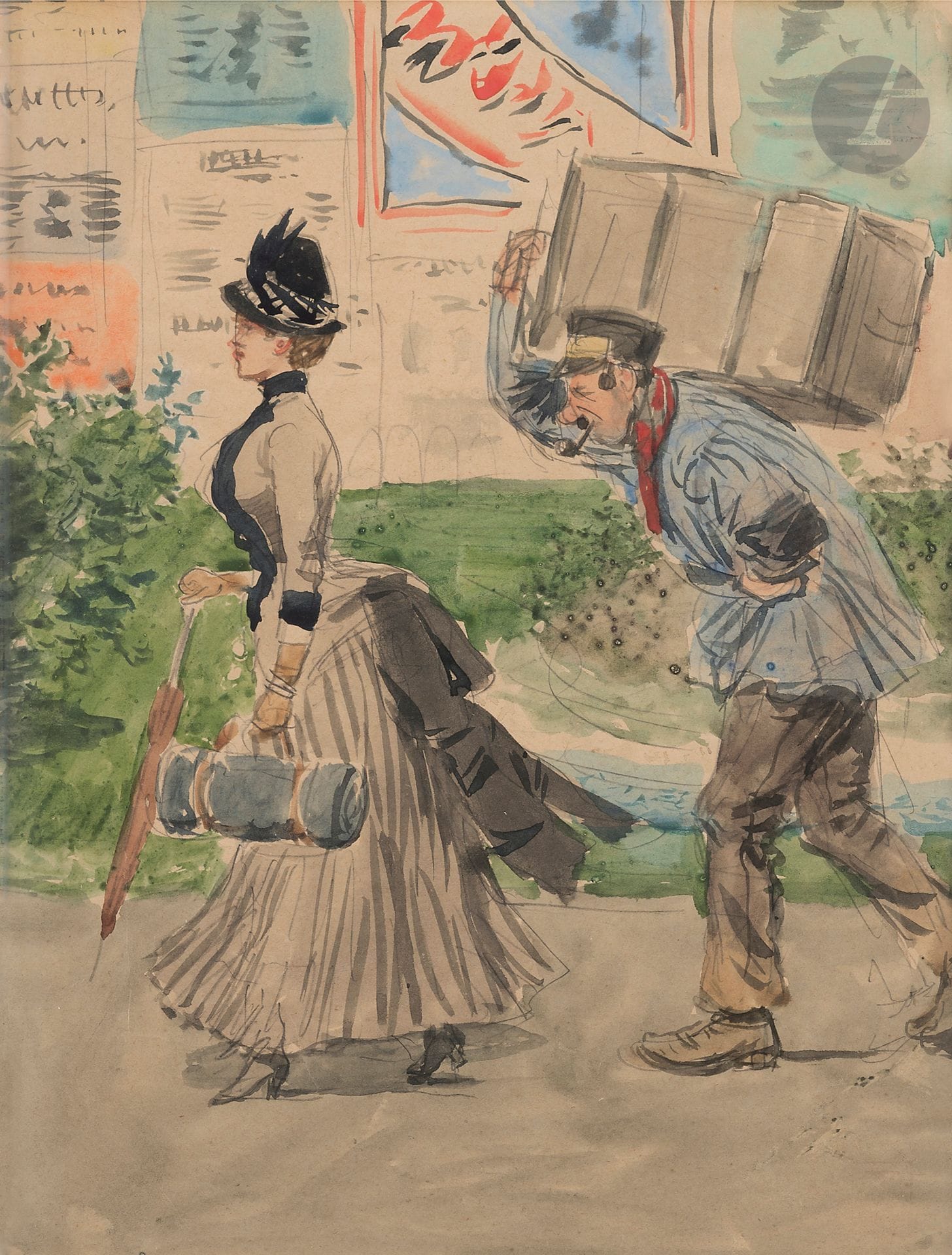 Léon Joseph VOIRIN (1833-1887)
Sous la pluie - Le Porteur - Femme à l'ombrelle - La Vitrine de magasin
4 watercolors.
Two signed.
25.5 x 20 cm each.