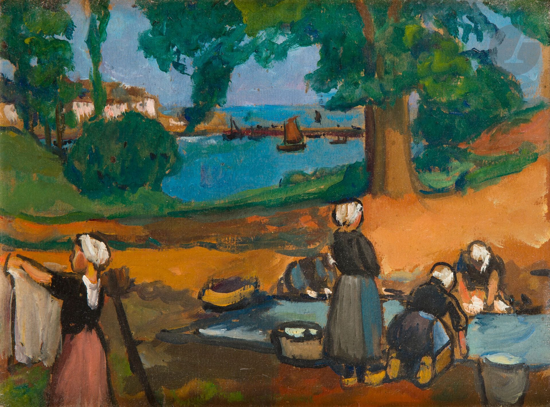 Fernand PIET (1869-1942)
Bretagne, les lavandières en bord de mer
Huile sur carton.
Non signée.
24 x 33 cm