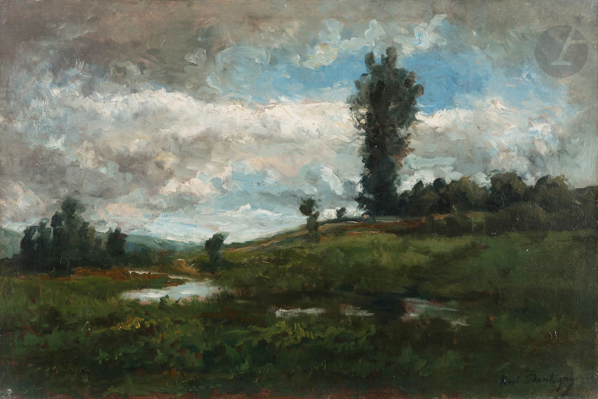 Karl DAUBIGNY (1846-1886)
Paysage à la rivière, 18.. (?)
Huile sur toile.
Signée et datée en bas à droite.
54 x 81 cm