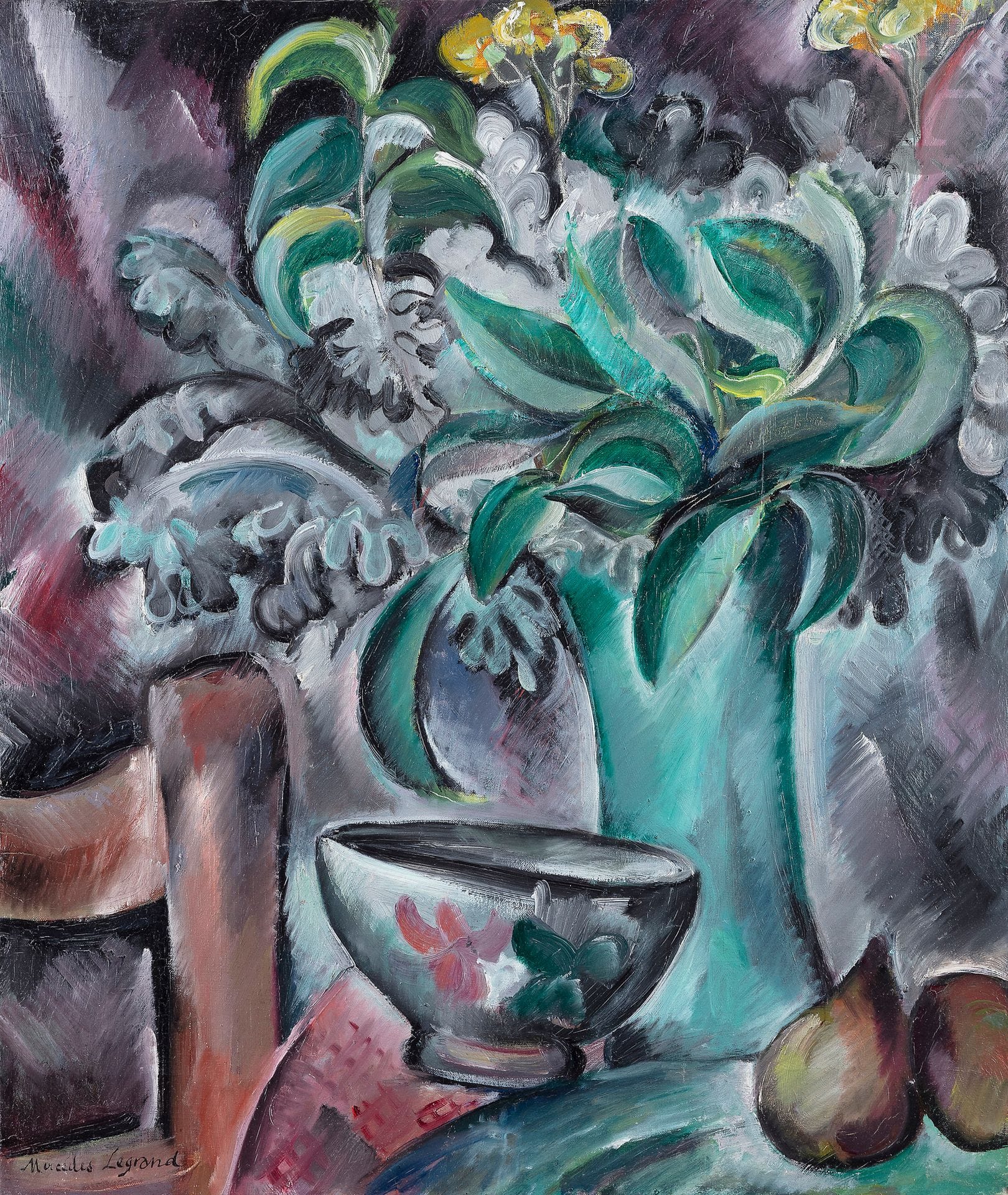 Mercédès LEGRAND (1893-1945)
Still life with bowl and pears, 
circa 1936-37
Oil on canvas.
Signed lower left.
54 x 46 cm

Exhibition: 
- À Fleur de toiles, Musée du Mont-de-Piété, Bergues, July 1 - October 31, 2020, catalog, no. 16, not reproduced.
- Mercédès Legrand, Famenne &amp; Art Museum, Marche-en-Famenne, December 19, 2023 - April 30, 2021.