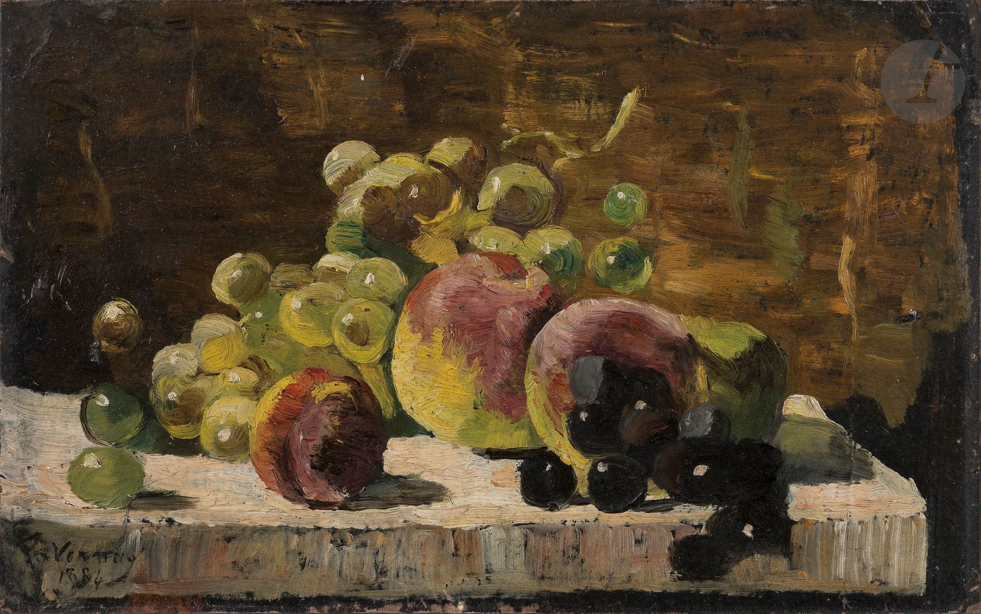 François VERNAY (1821-1896)
Nature morte aux raisins et aux pêches, 1884
Huile sur panneau.
Signée et datée en bas à gauche.
15 x 24.5 cm

Provenance : 
Collection particulière, Paris.