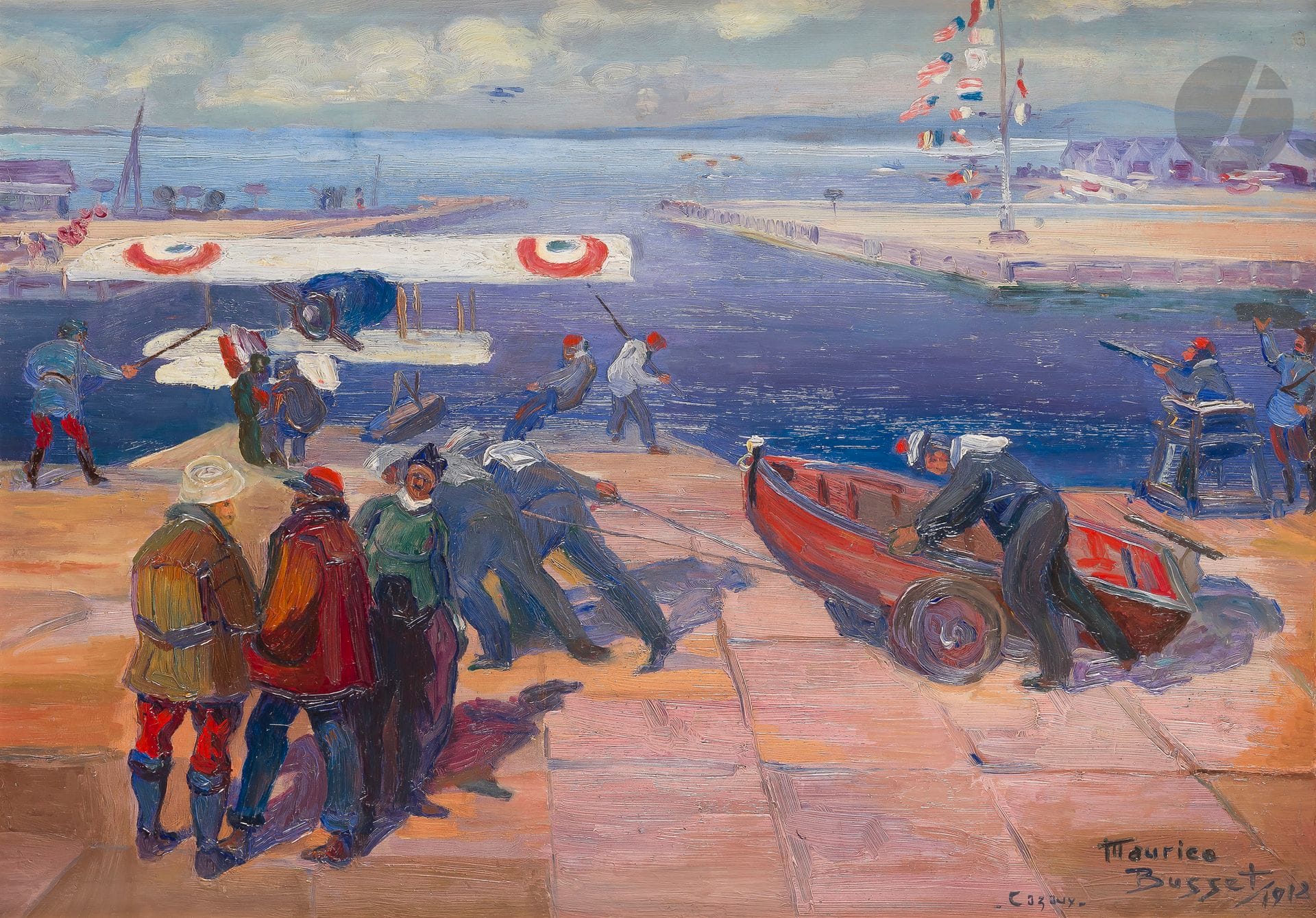 Maurice BUSSET (1879-81-1936)
Port militaire à Cayeux, 1912
Huile sur carton.
Signée, datée et située en bas à droite.
46 x 65 cm