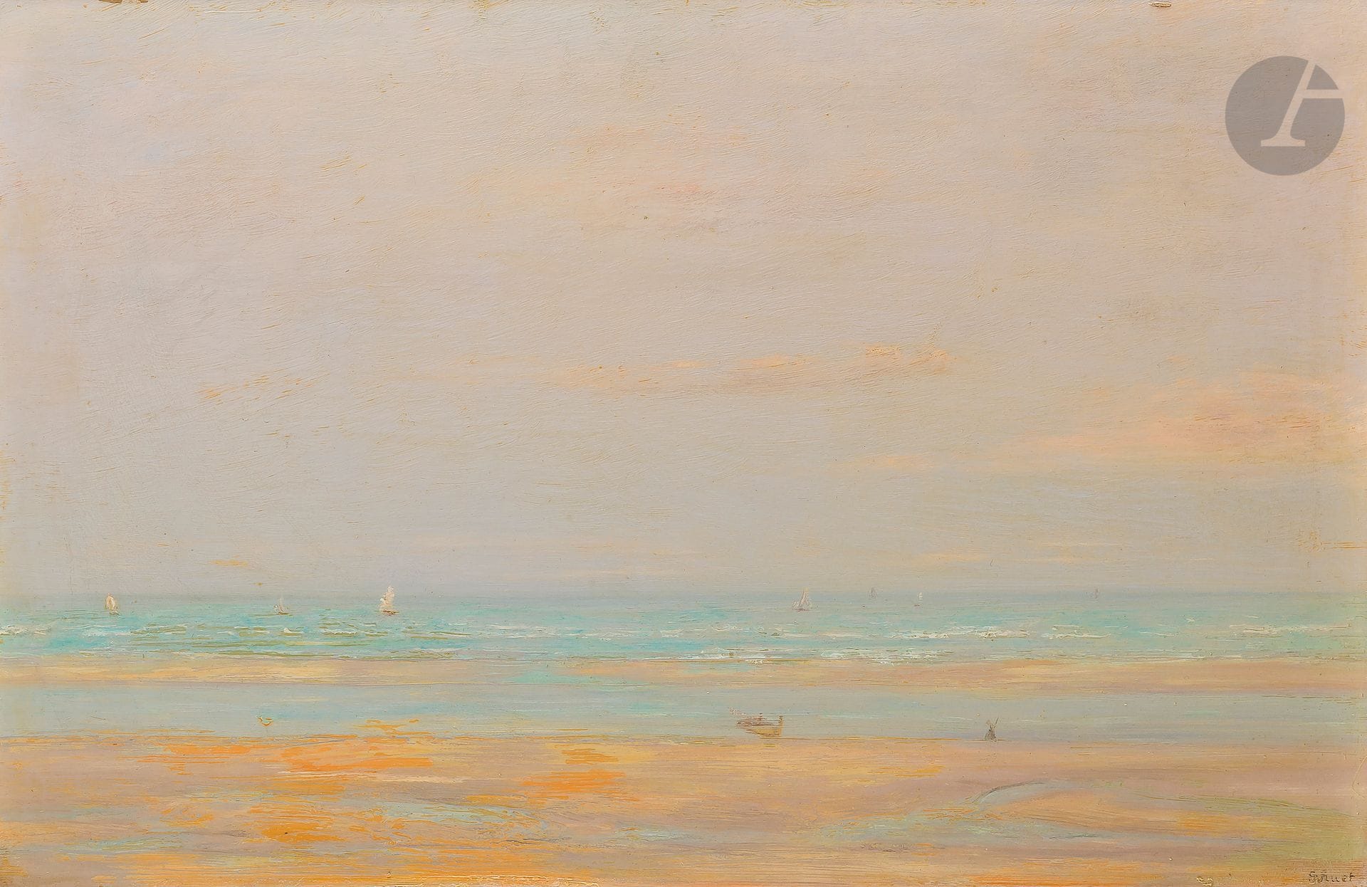 Georges HUET (1860-1935)
Bord de mer à Cayeux, 1907
Huile sur panneau.
Signée en bas à droite.
29 x 45.5 cm