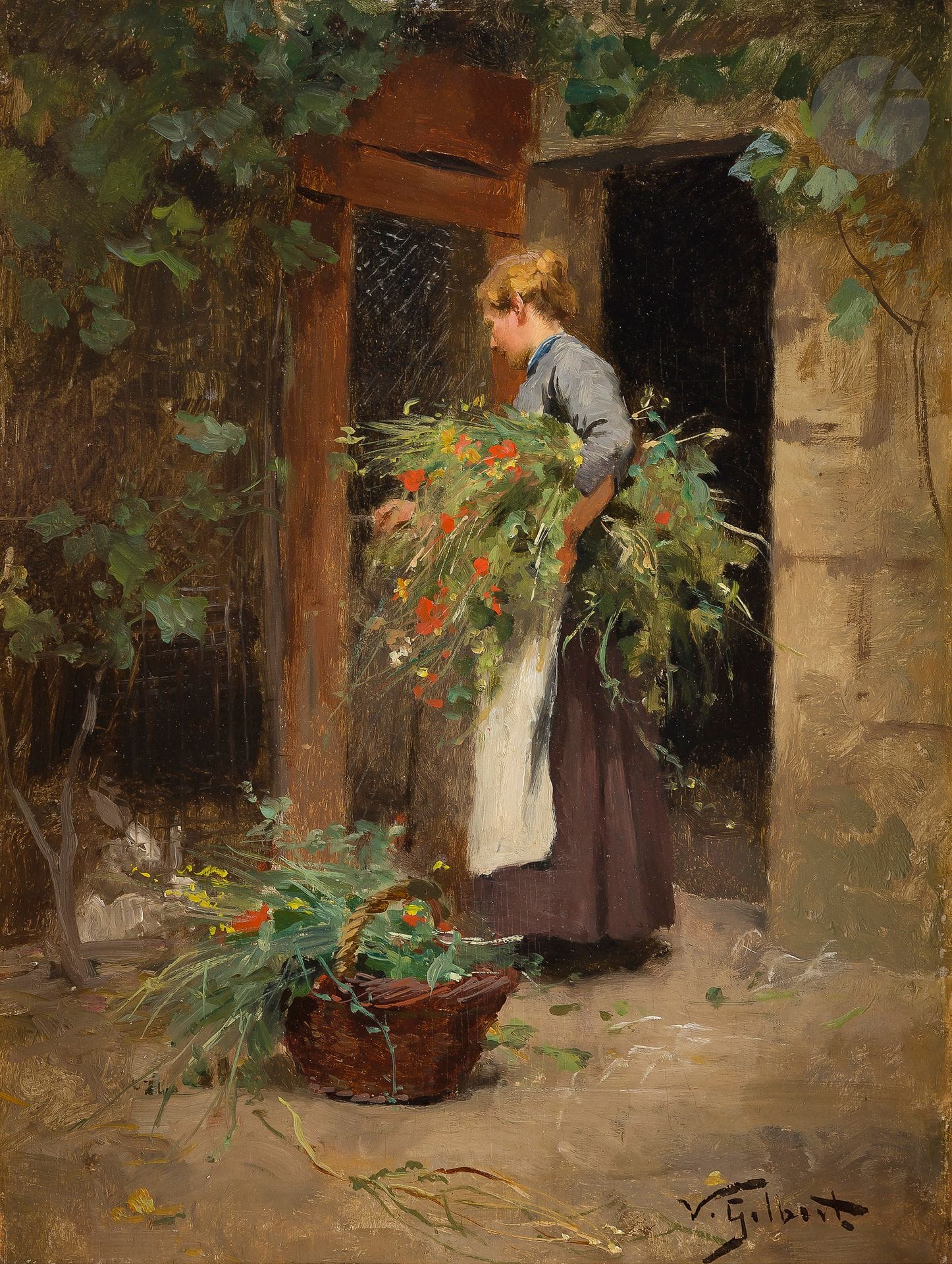 Victor GILBERT (1847-1935)
Femme au fleurs coupées
Huile sur panneau.
Signée en bas à droite.
35 x 27 cm