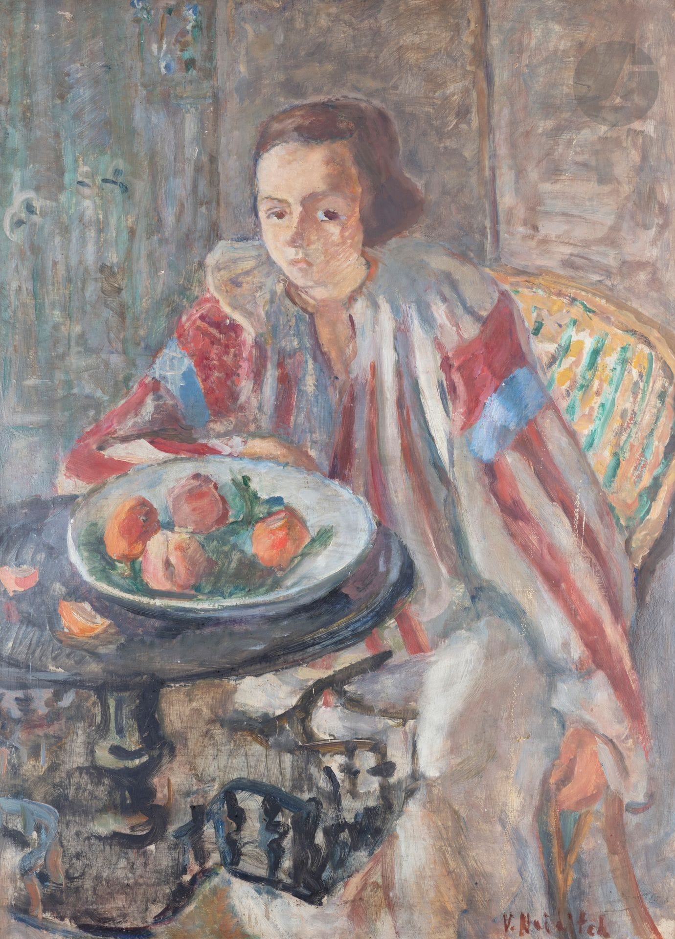 Vladimir NAIDITCH (1903-1980)
Young woman with pedestal table
Oil on cardboard.
Signed lower right.
(Cardboard warped).
105 x 75 cm