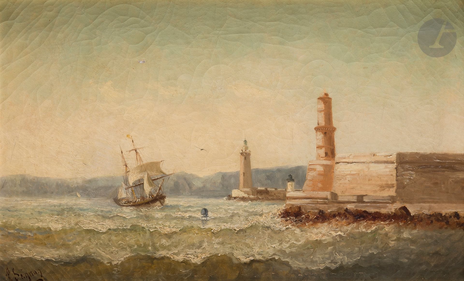Paul SEIGNON (1820-1890)
L’Entrée du port
Huile sur toile.
Signée en bas à gauche.
(Craquelures et petits accidents).
37 x 62 cm