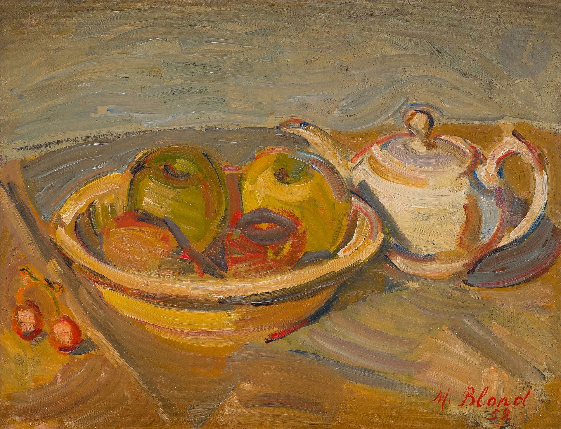 Maurice BLOND (1899-1974)
Nature morte à la théière, 1952
Huile sur isorel.
Signée et datée en bas à droite.
Signée au dos.
33 x 41 cm