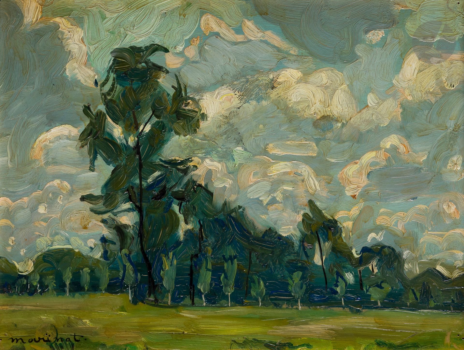 Maurice MARINOT (1882-1960)
Paysage à la Vermoise, 1943
Huile sur carton.
Signée en bas à gauche.
Signée, datée et titrée au dos.
27 x 35 cm