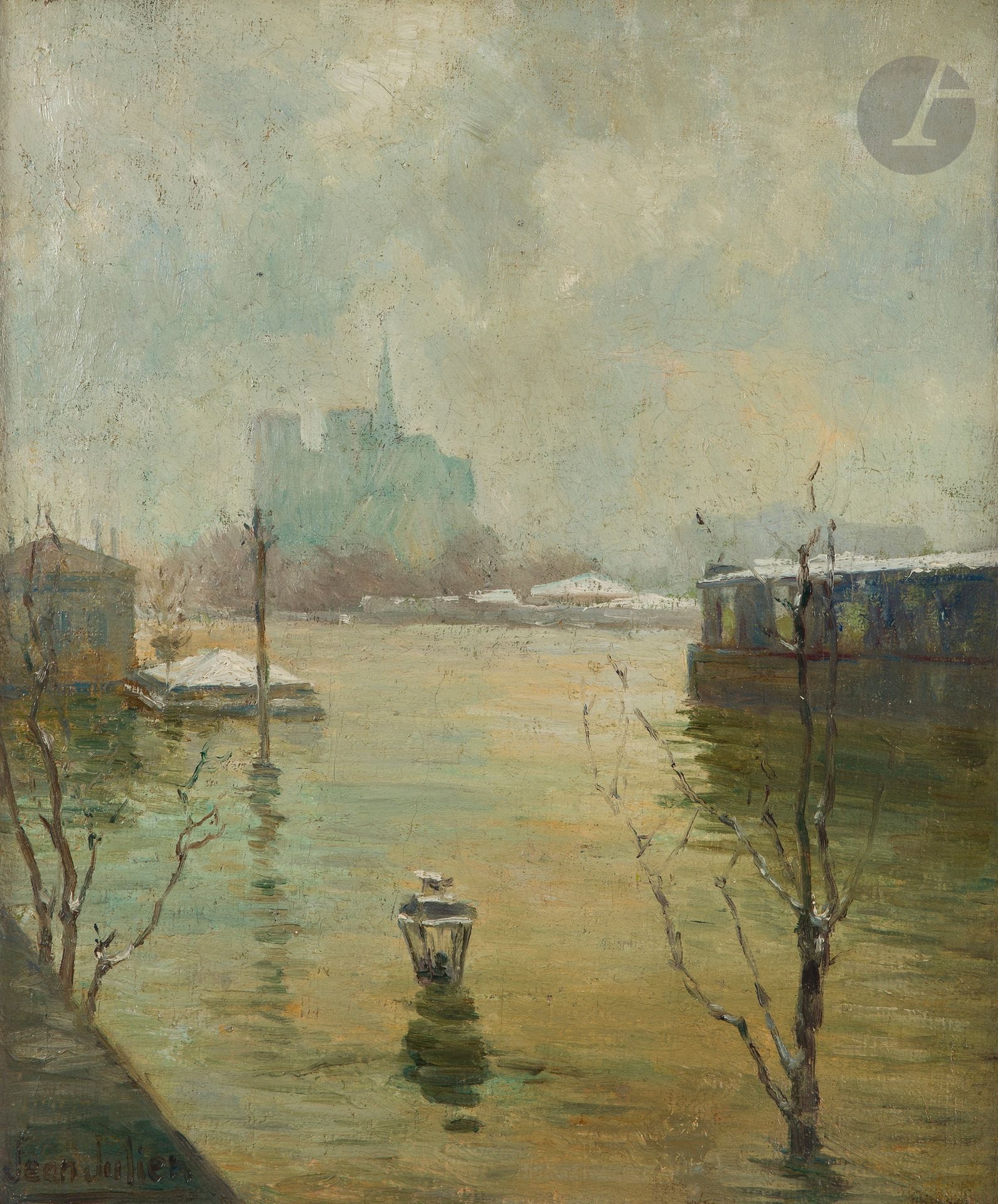 Jean JULIEN (1888-1974)
Paris, les inondations de 1910
Huile sur toile.
Signée en bas à gauche.
(Rentoilée).
55 x 46 cm
