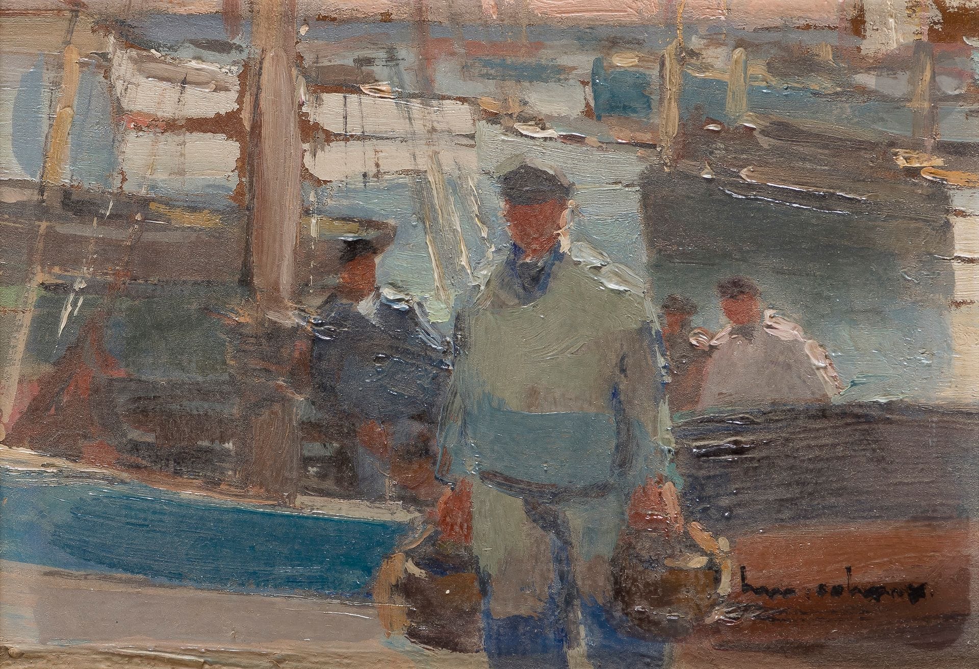 Henri-Maurice CAHOURS (1889-1954)
Le Retour de pêche
Huile sur carton.
Signée en bas à droite.
13 x 19 cm