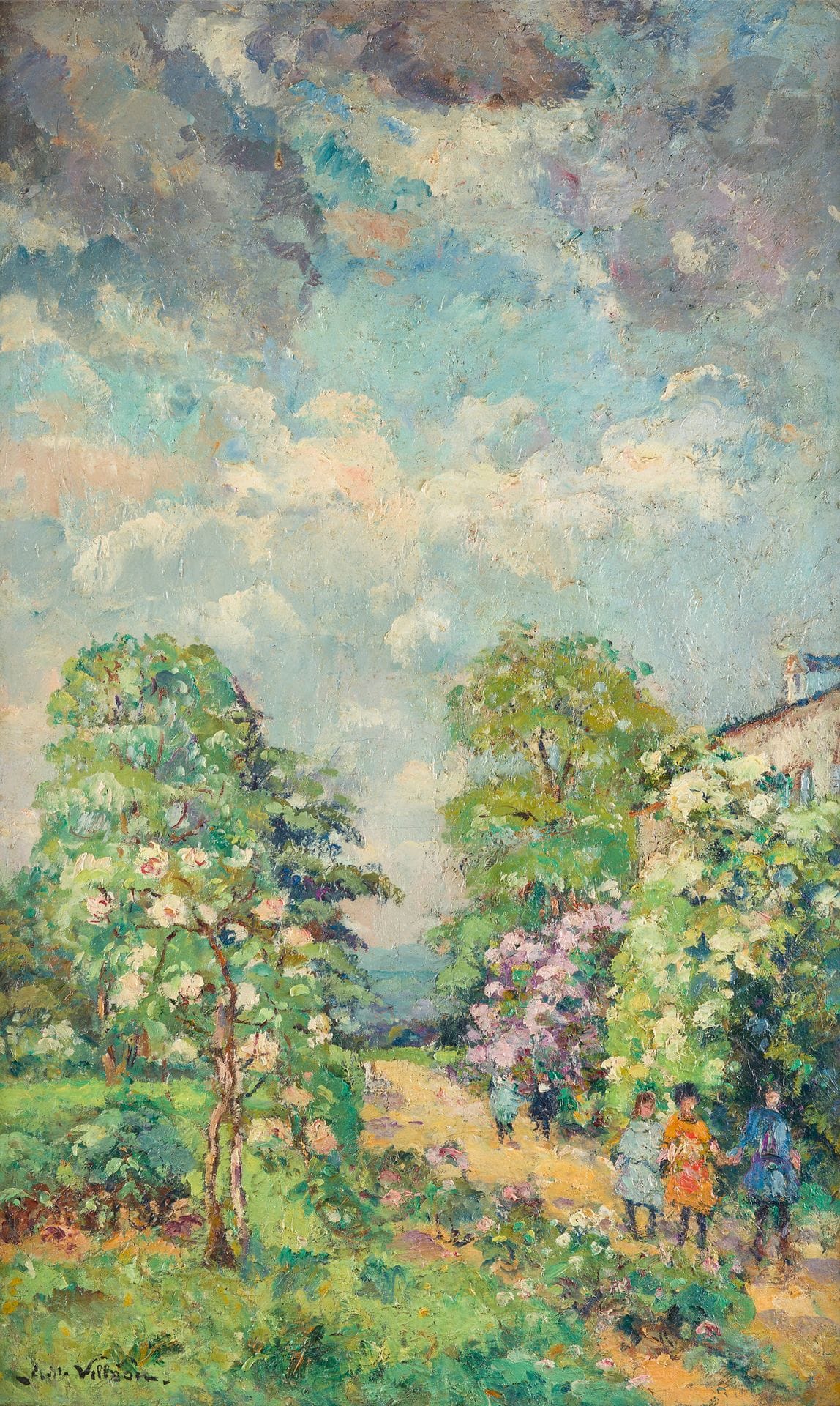 Emmanuel de la VILLÉON (1858-1944)
Promenade au jardin, vers 1890
Huile sur toile.
Signée en bas à gauche.
110 x 67 cm

Provenance : 
Vente Me Blache, Versailles, 11 juin 1986, n° 136 (étiquette au dos).

Exposition : 
Salon du Champs de Mars, 1890 (mention manuscrite au dos sur le châssis).